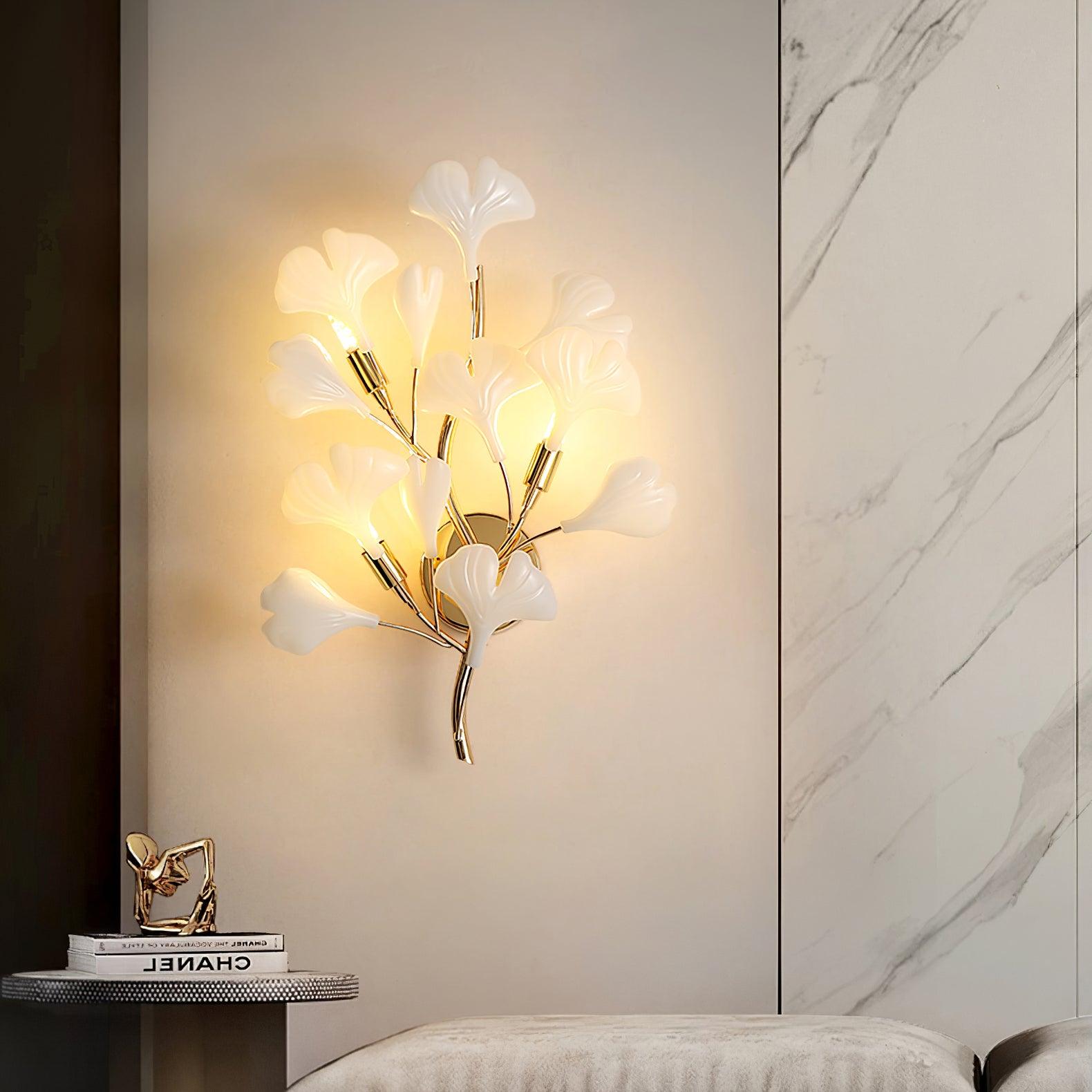 Wall Lamp Gingko Ceramic Petal Shades Gold Art Nouveau - Letslighting