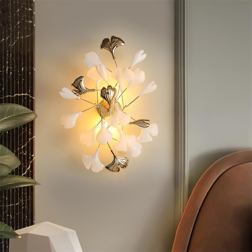 Wall Lamp Gingko Ceramic Petal Shades Gold Art Nouveau - Letslighting