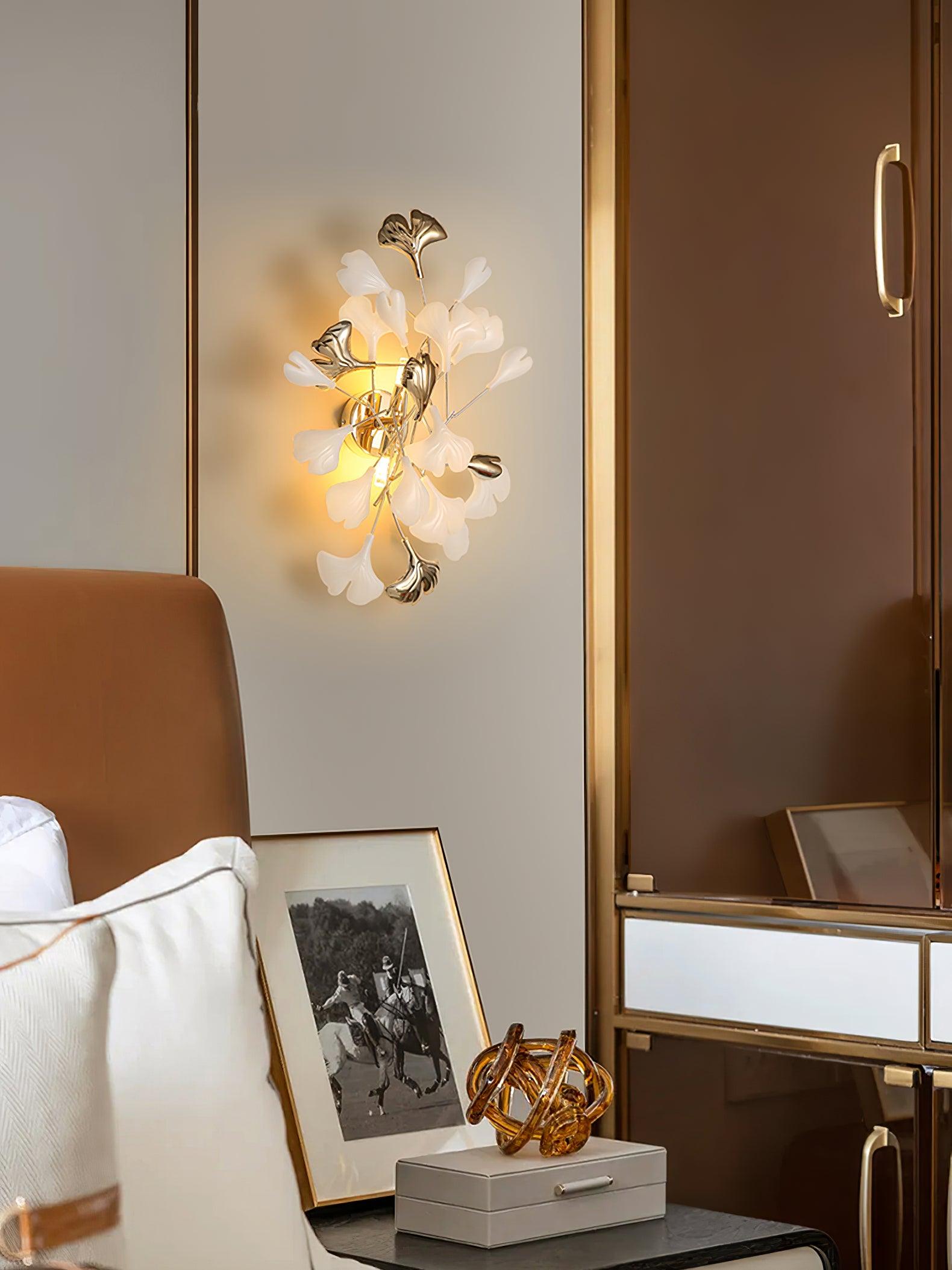 Wall Lamp Gingko Ceramic Petal Shades Gold Art Nouveau - Letslighting