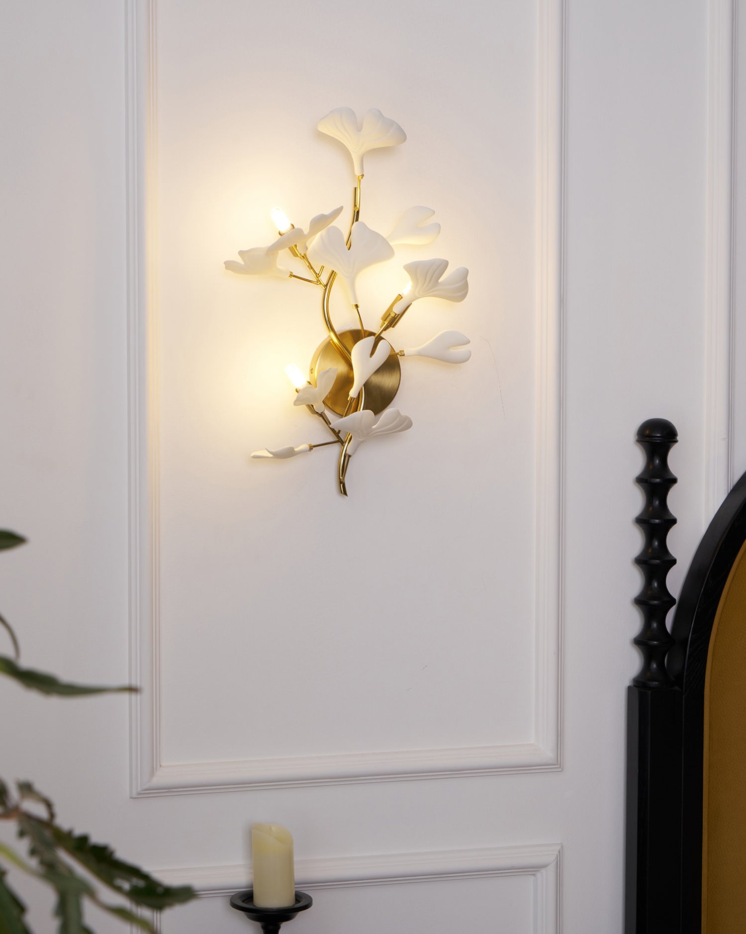 Wall Lamp Gingko Ceramic Petal Shades Gold Art Nouveau - Letslighting