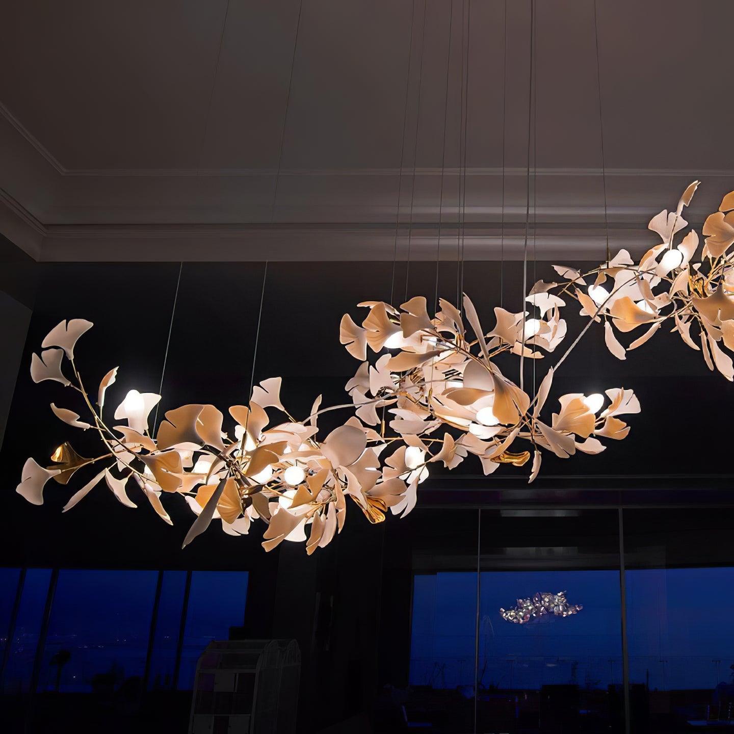 Chandelier Metal Frame Ceramic Gingko Leaf Shade White Gold Modern - Letslighting