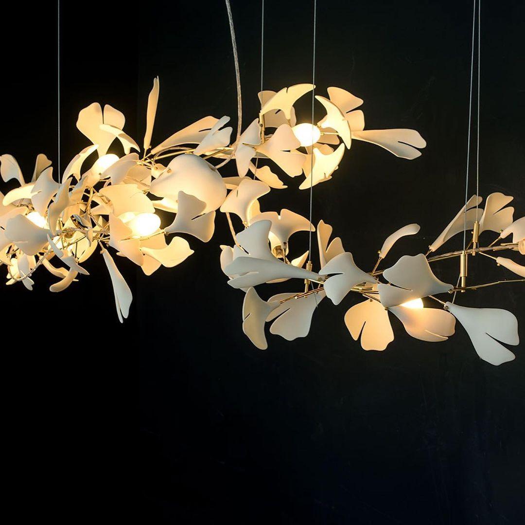 Chandelier Metal Frame Ceramic Gingko Leaf Shade White Gold Modern - Letslighting