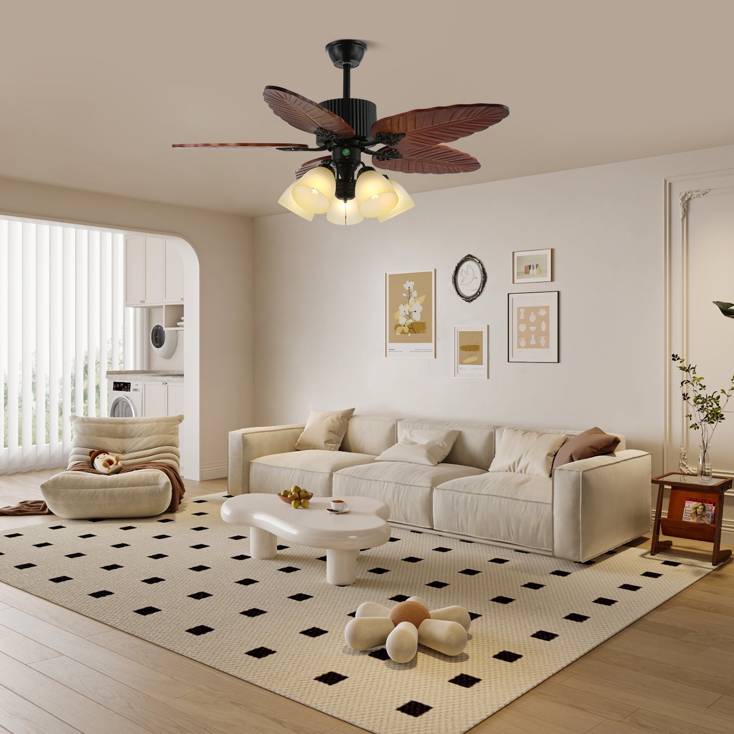 Virella Tropische Deckenventilatorleuchte aus Holz und Glas, Modell B
