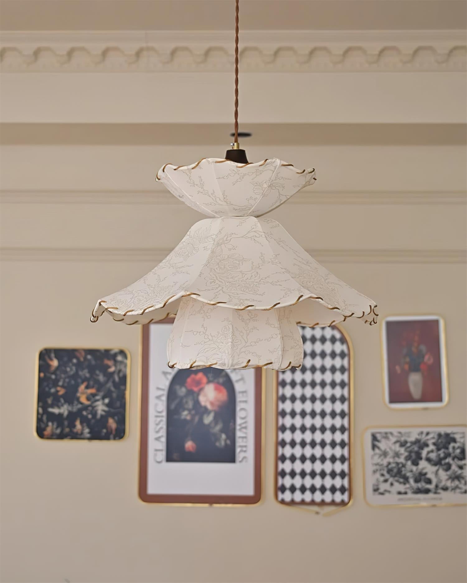 Pendant Lamp Scalloped Layered Fabric Shade Wood Minimalist - Letslighting