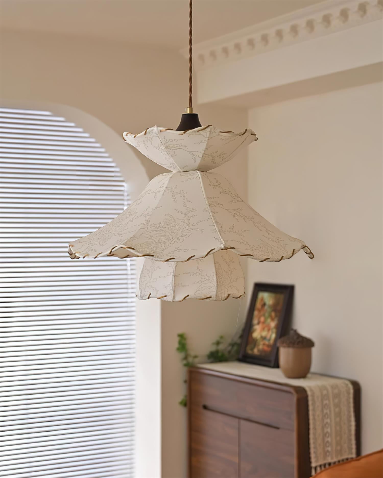 Pendant Lamp Scalloped Layered Fabric Shade Wood Minimalist - Letslighting