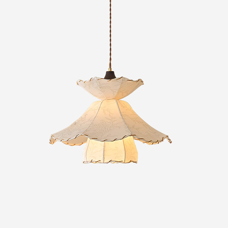 Pendant Lamp Scalloped Layered Fabric Shade Wood Minimalist - Letslighting