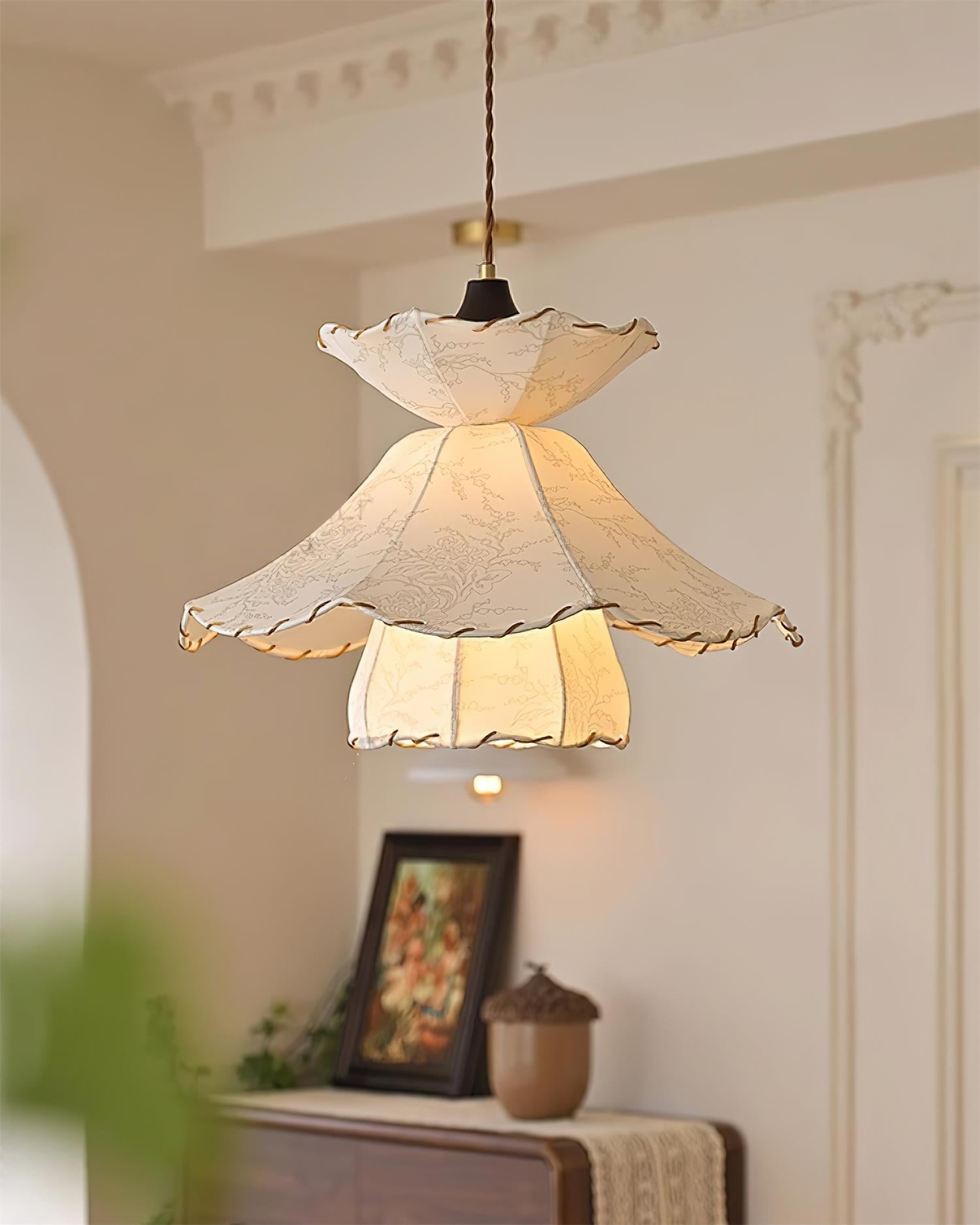 Pendant Lamp Scalloped Layered Fabric Shade Wood Minimalist - Letslighting