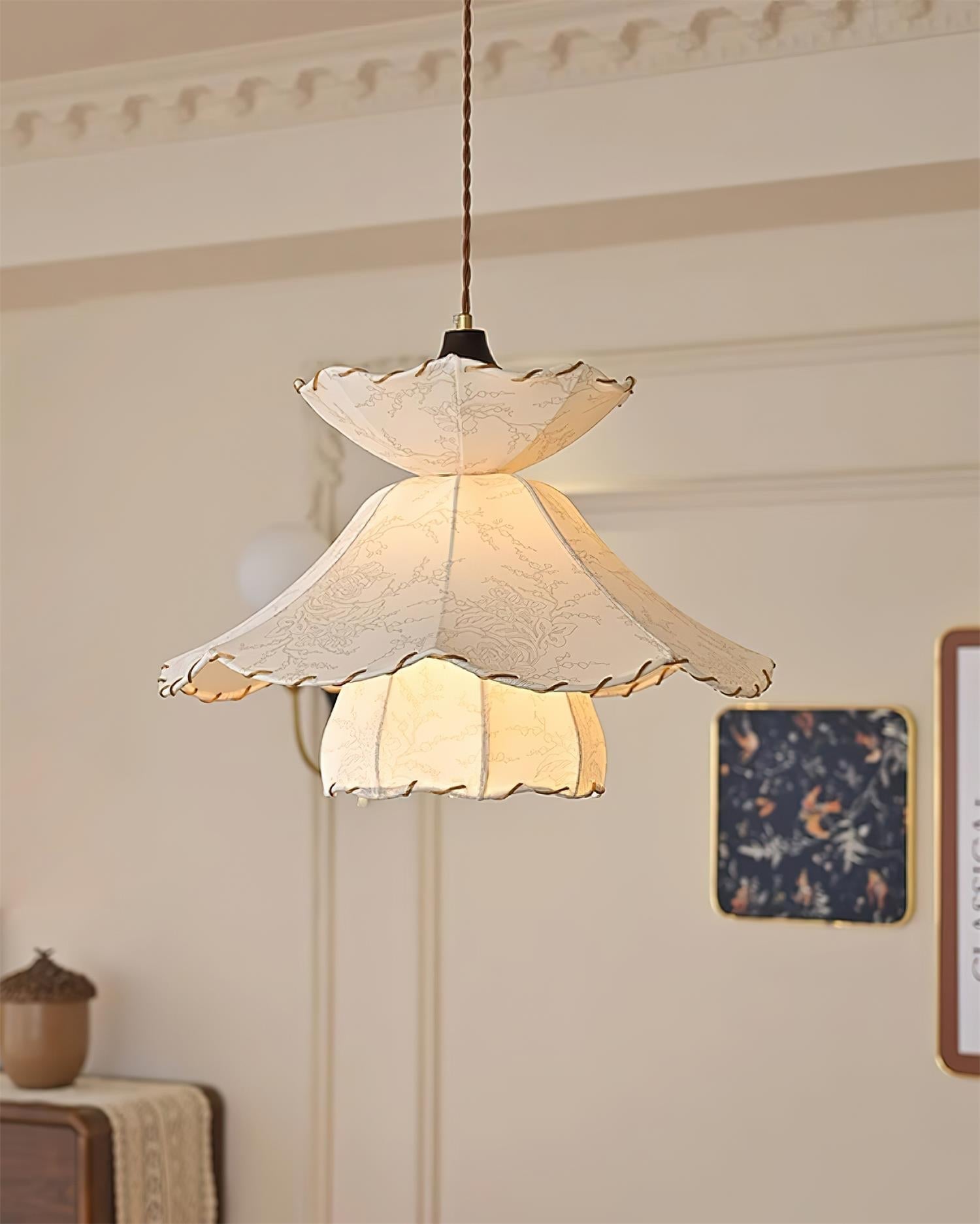 Pendant Lamp Scalloped Layered Fabric Shade Wood Minimalist - Letslighting
