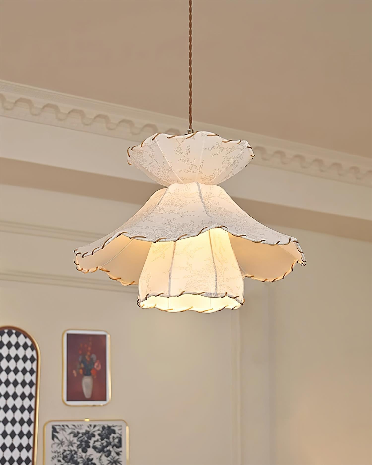 Pendant Lamp Scalloped Layered Fabric Shade Wood Minimalist - Letslighting