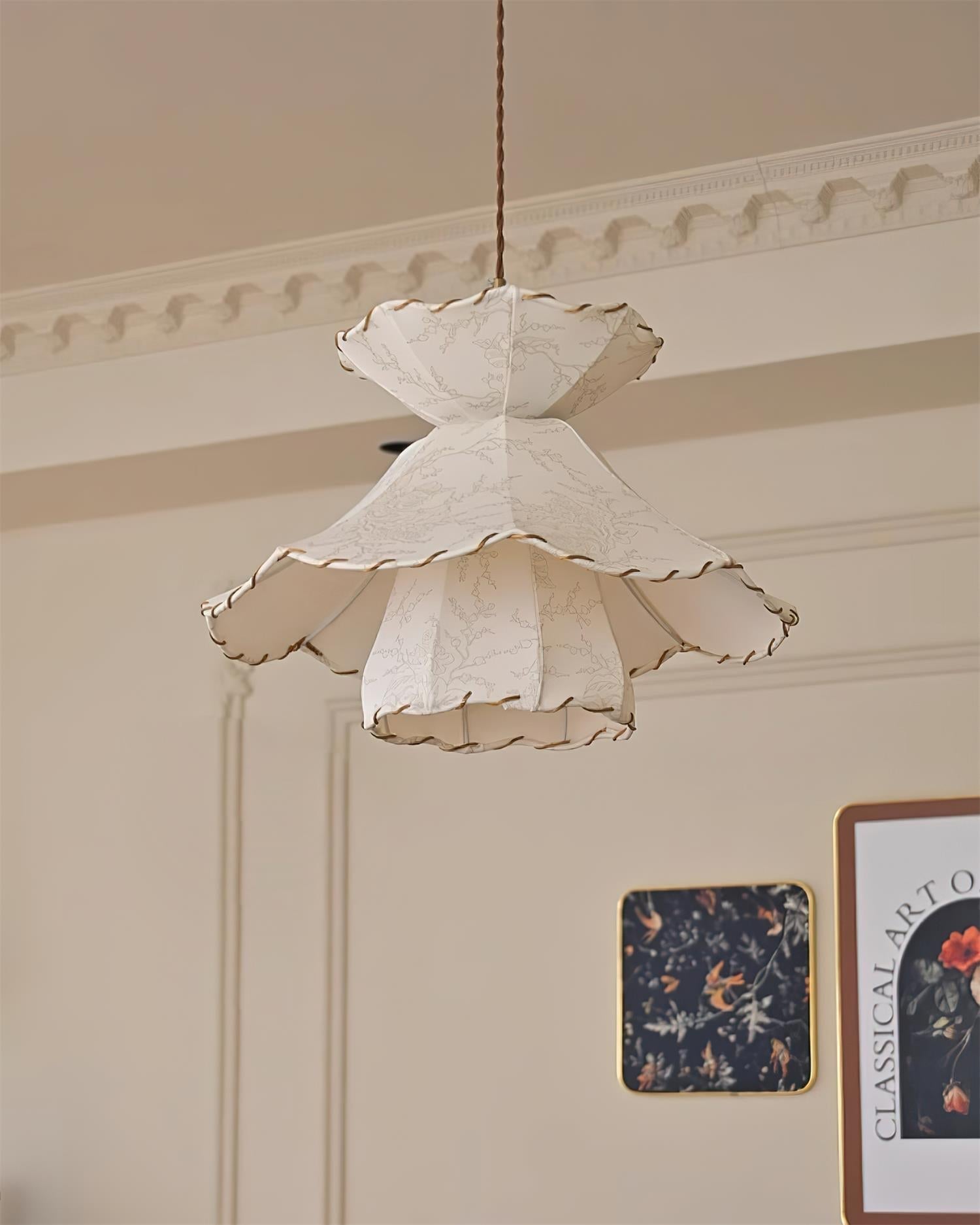 Pendant Lamp Scalloped Layered Fabric Shade Wood Minimalist - Letslighting