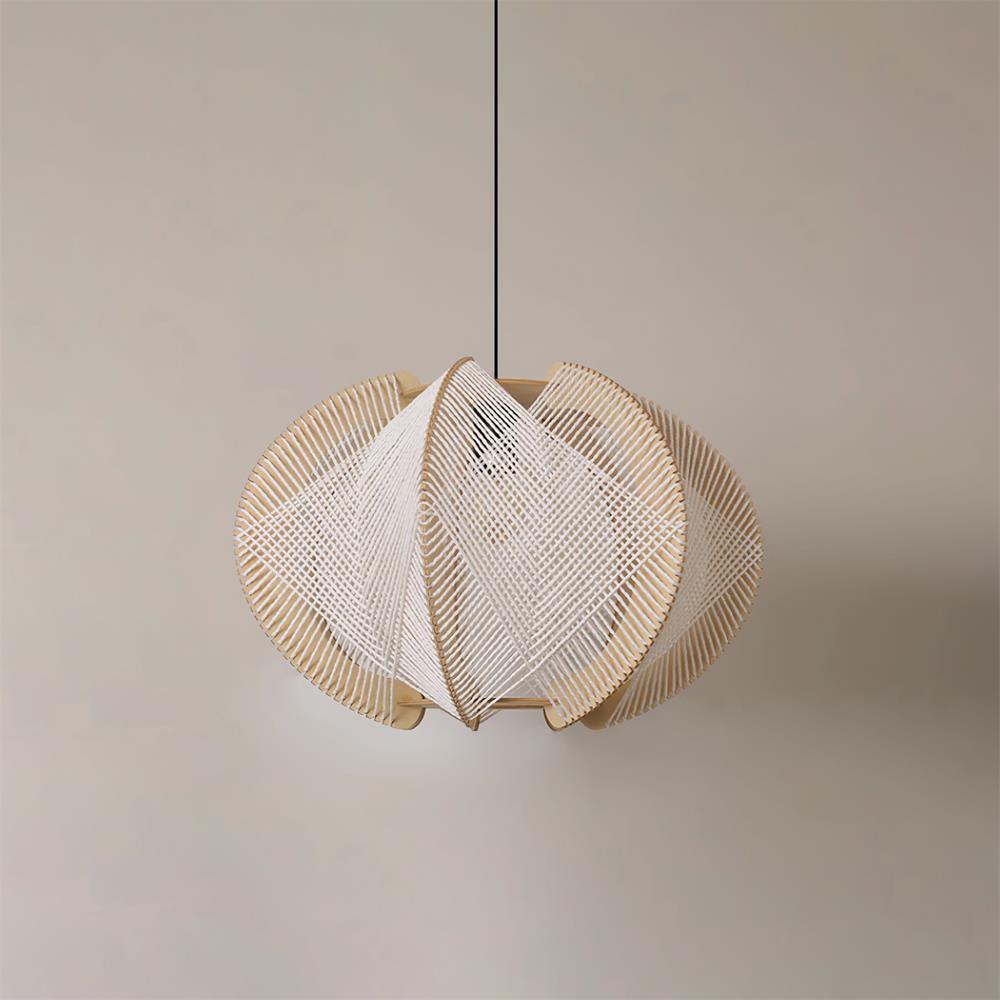 Pendant Light with Fabric Shade, Wooden Frame, and Wire Detail - Letslighting