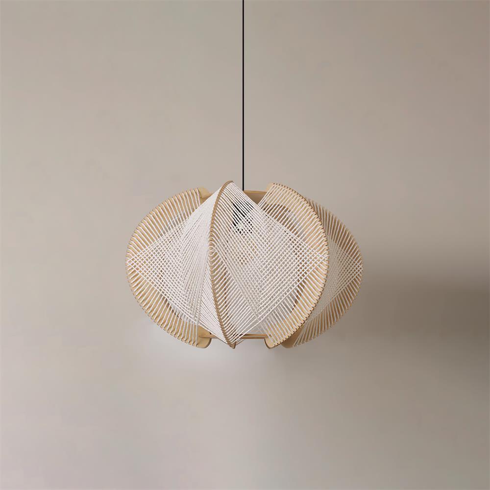 Pendant Light with Fabric Shade, Wooden Frame, and Wire Detail - Letslighting