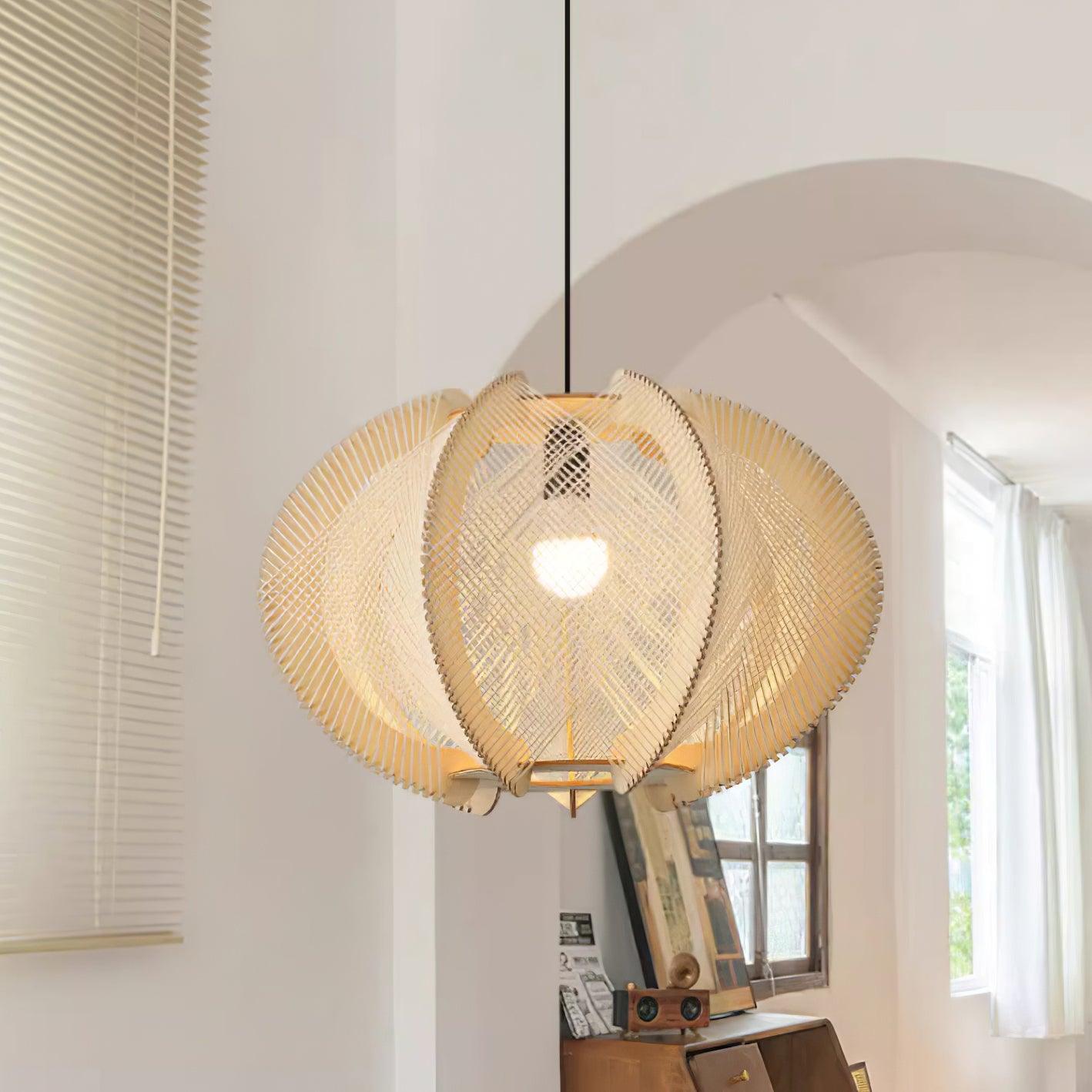 Pendant Light with Fabric Shade, Wooden Frame, and Wire Detail - Letslighting