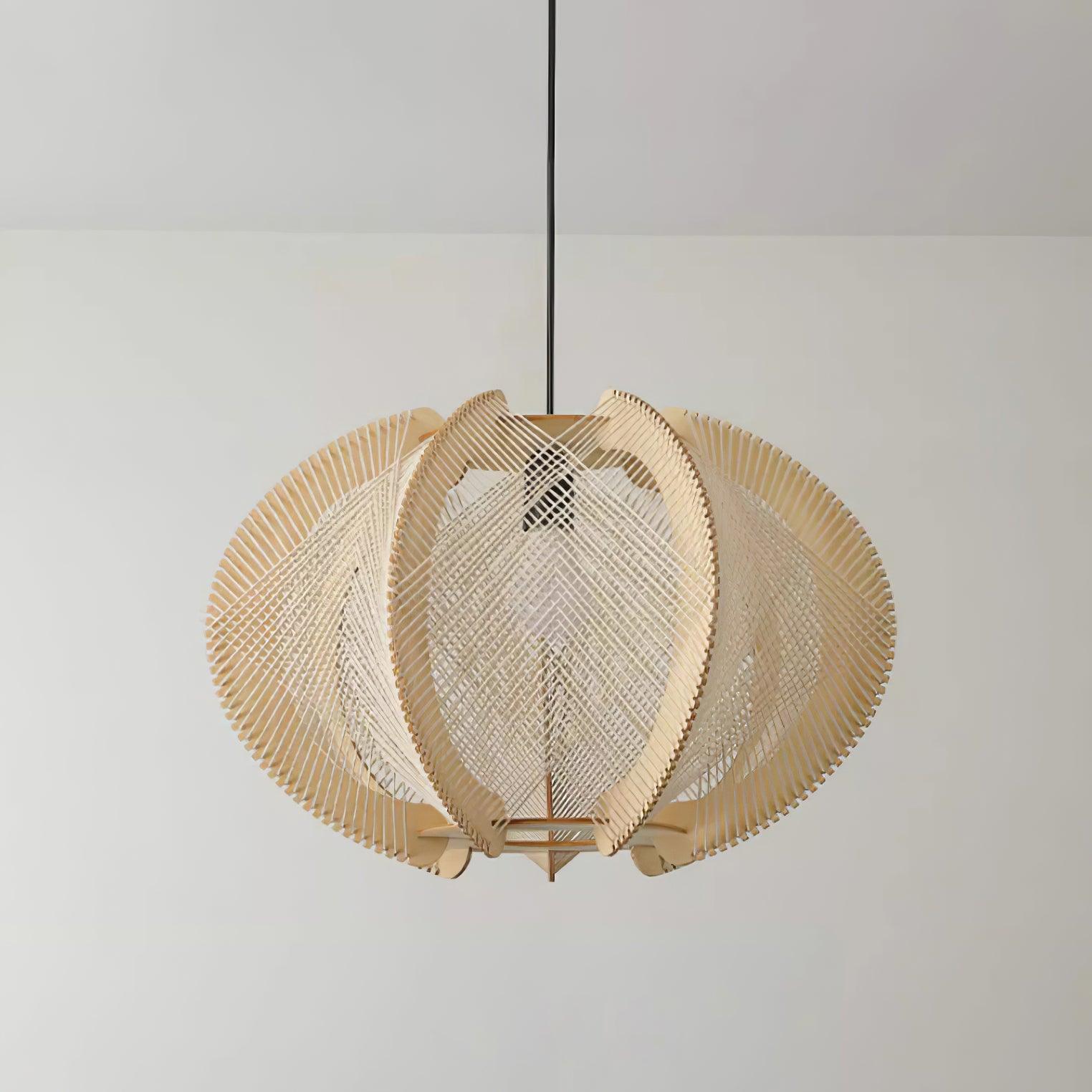 Pendant Light with Fabric Shade, Wooden Frame, and Wire Detail - Letslighting