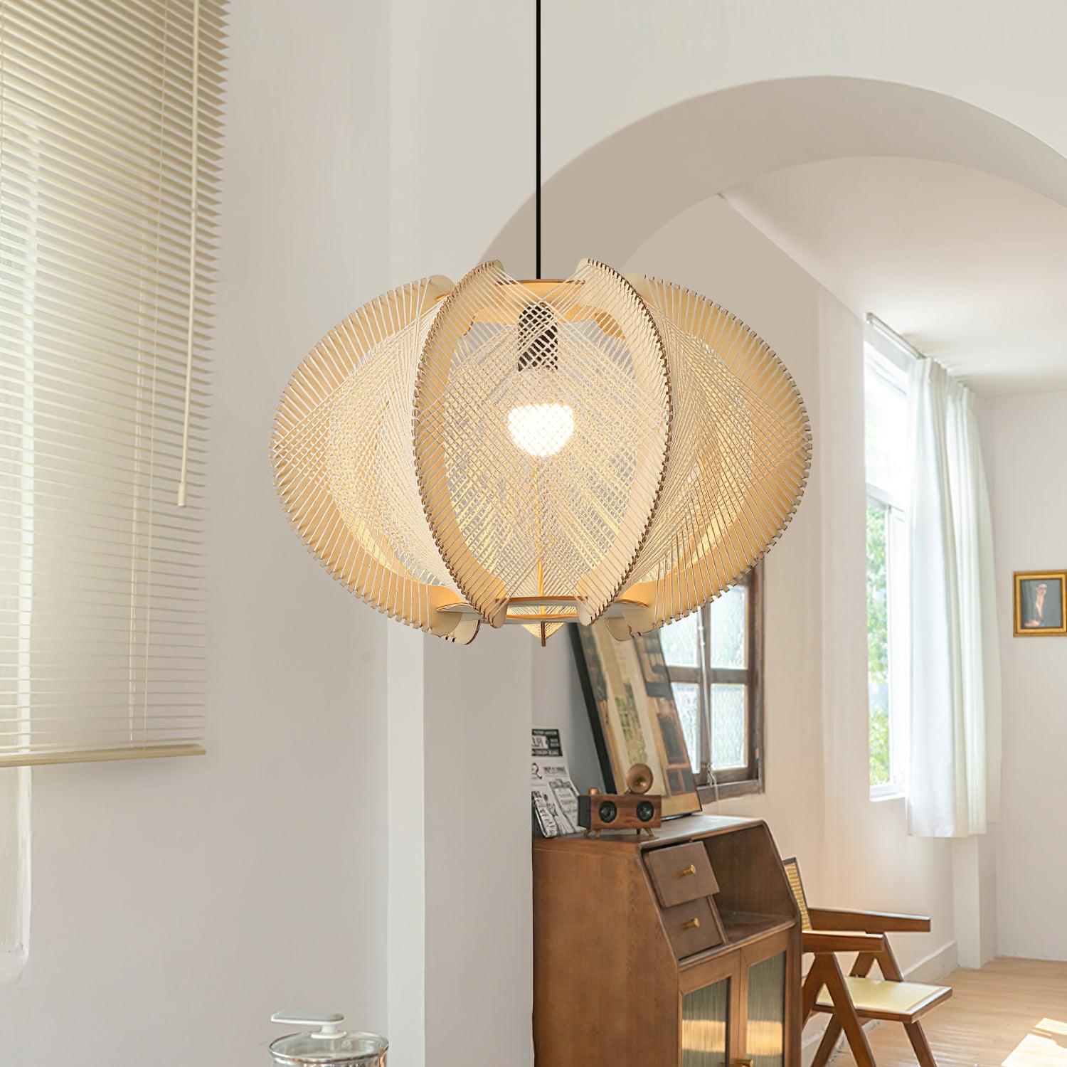 Pendant Light with Fabric Shade, Wooden Frame, and Wire Detail - Letslighting