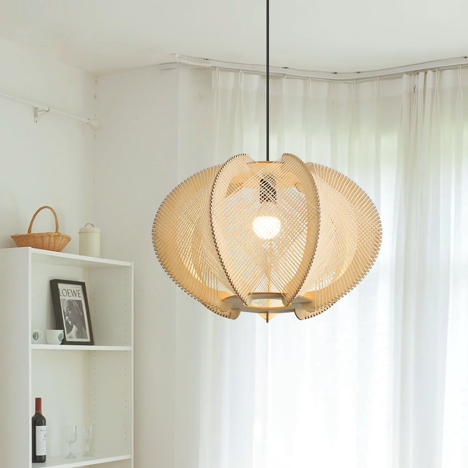 Pendant Light with Fabric Shade, Wooden Frame, and Wire Detail - Letslighting