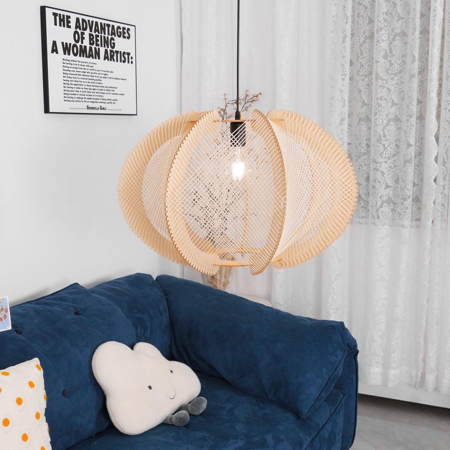 Pendant Light with Fabric Shade, Wooden Frame, and Wire Detail - Letslighting