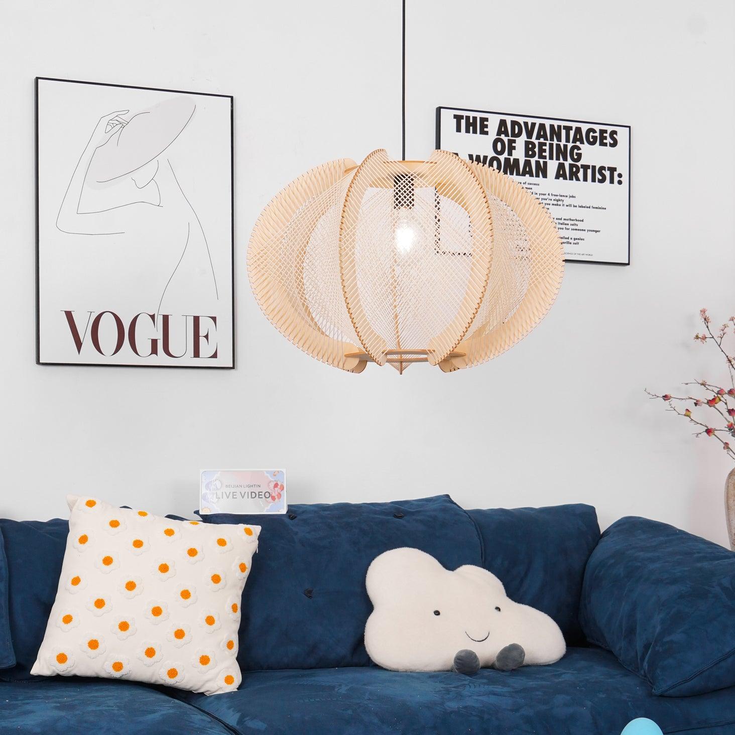 Pendant Light with Fabric Shade, Wooden Frame, and Wire Detail - Letslighting