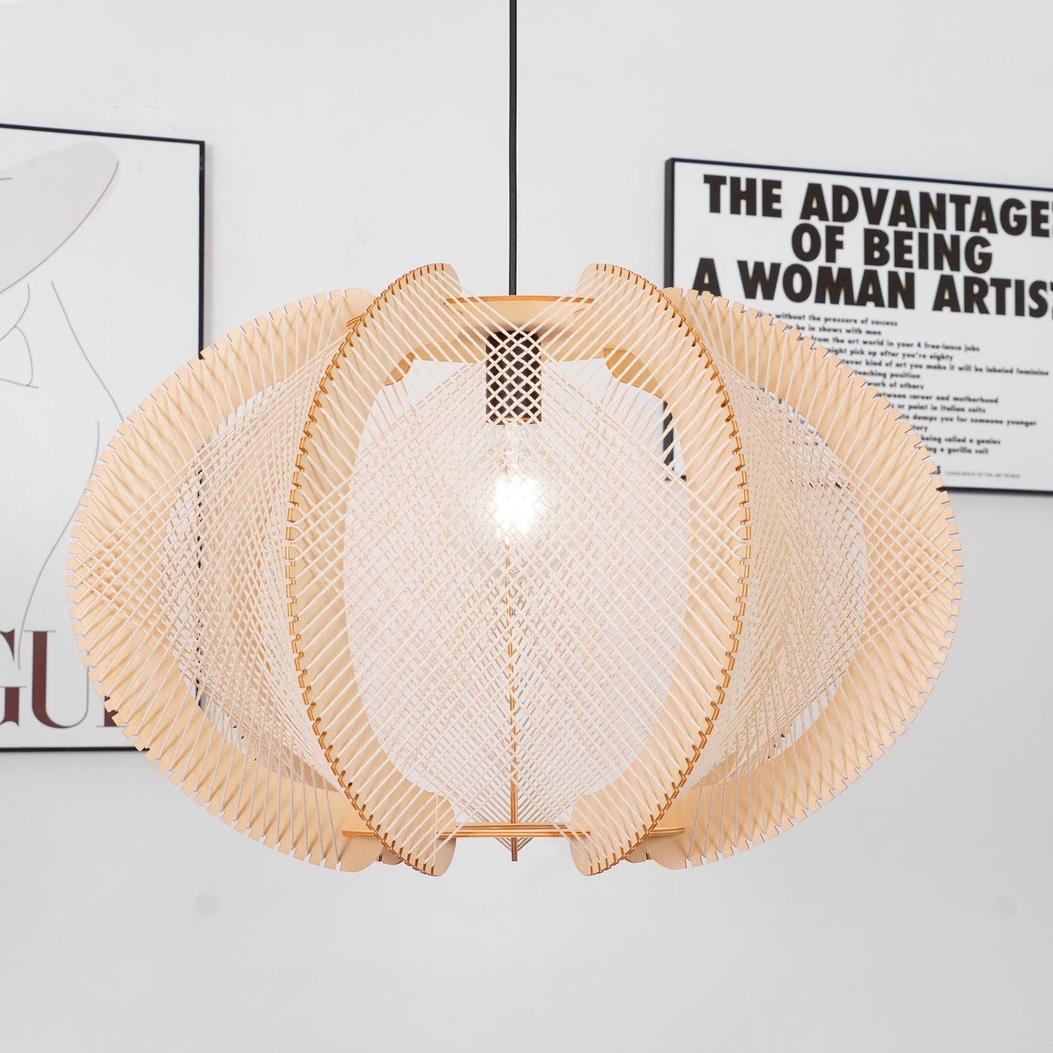 Pendant Light with Fabric Shade, Wooden Frame, and Wire Detail - Letslighting