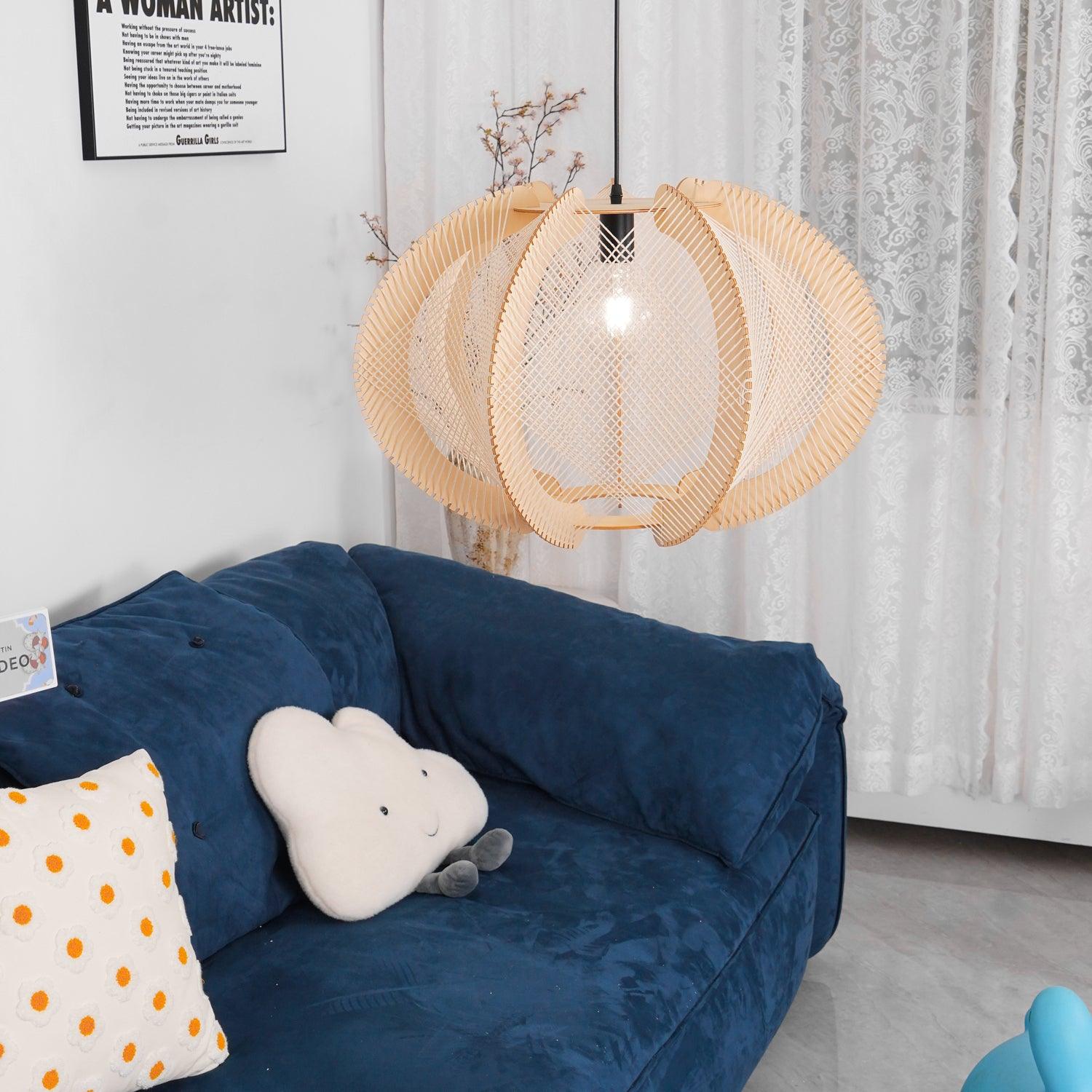 Pendant Light with Fabric Shade, Wooden Frame, and Wire Detail - Letslighting