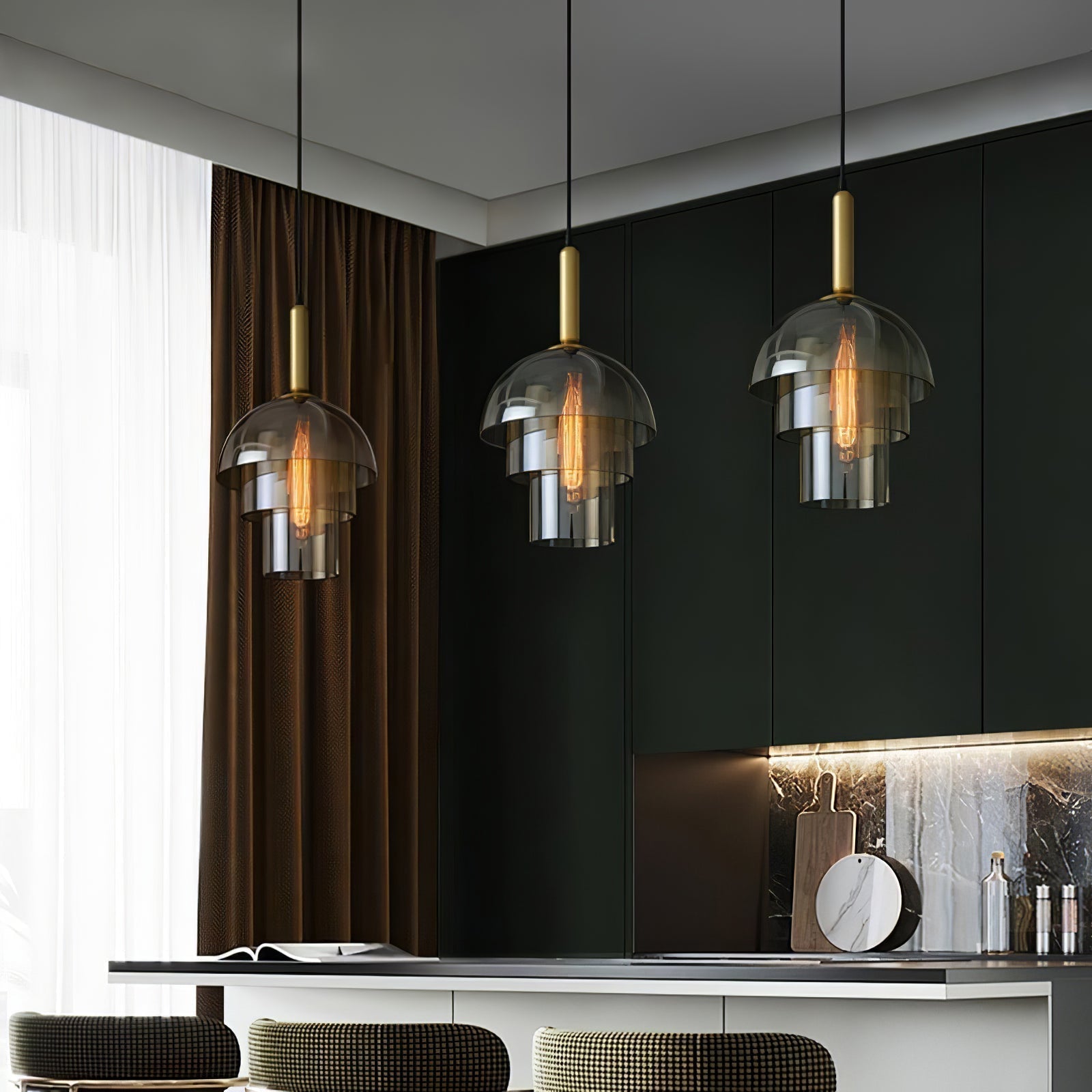 Solara Pendelleuchte Glas Cognac Kuppel Messing Mid Century-Letslighting