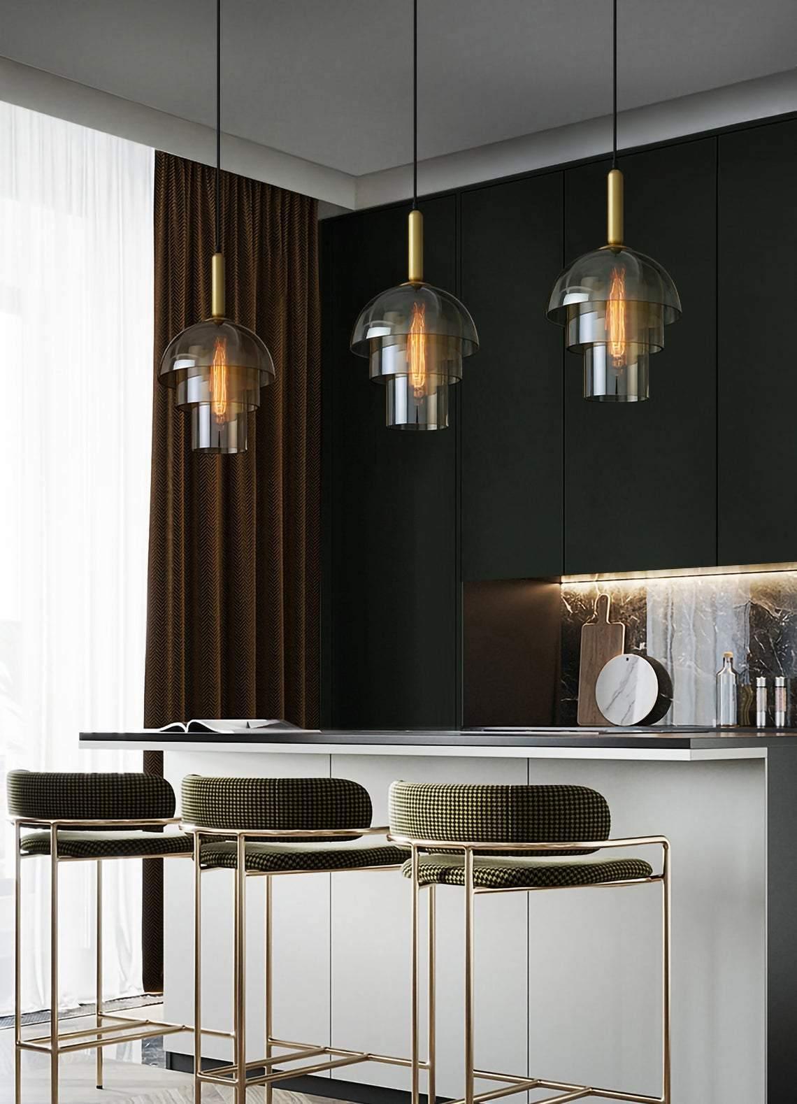 Solara Pendelleuchte Glas Cognac Kuppel Messing Mid Century-Letslighting
