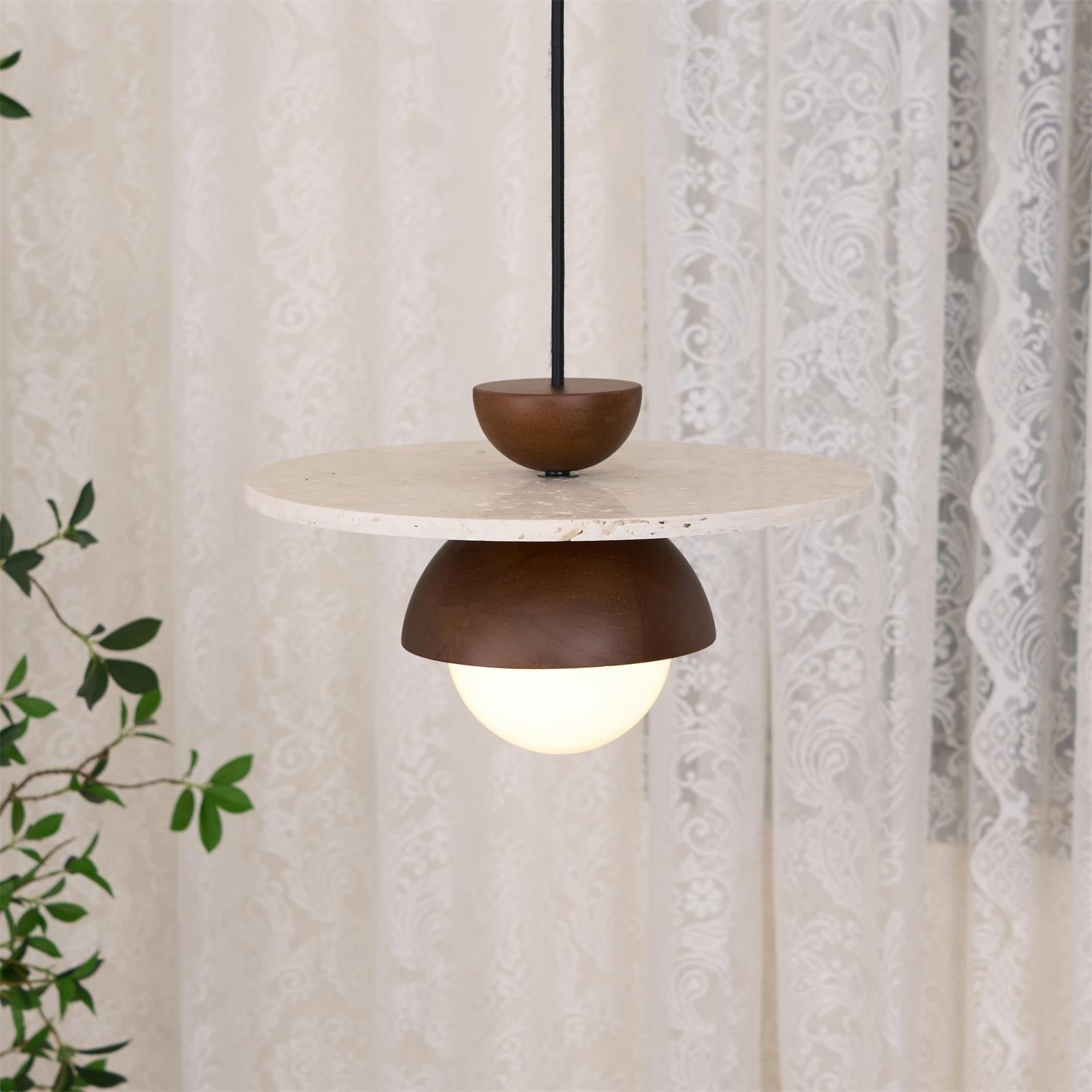 Pendant Lamp Glass Globe Travertine Disc Walnut Wood Natural - Letslighting