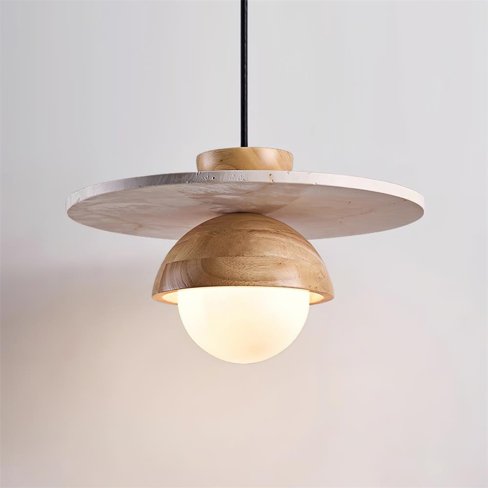 Pendant Lamp Glass Globe Travertine Disc Walnut Wood Natural - Letslighting