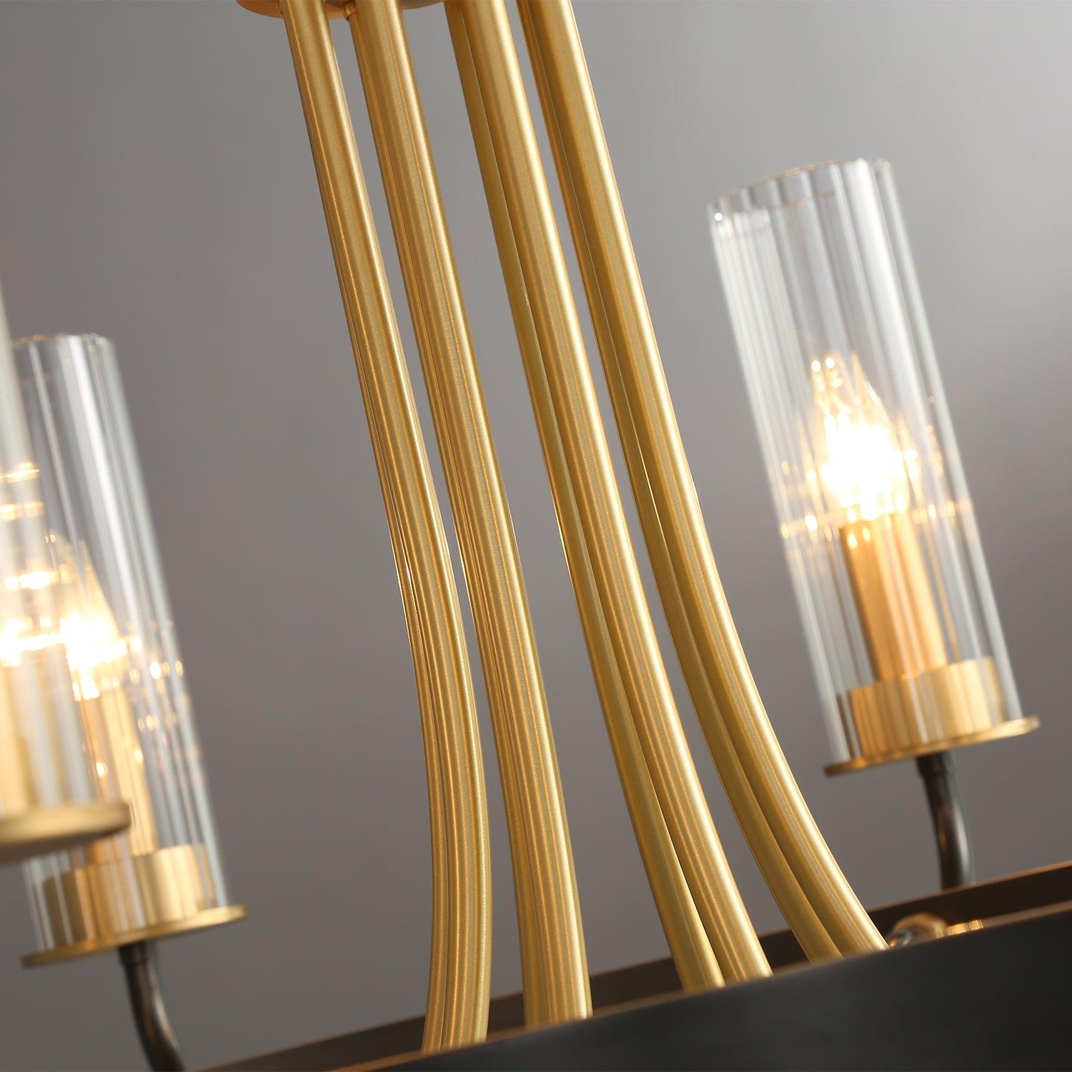 Kronleuchter Schwarz Rund Rahmen Messing Arme Rippig Glas-Letslighting