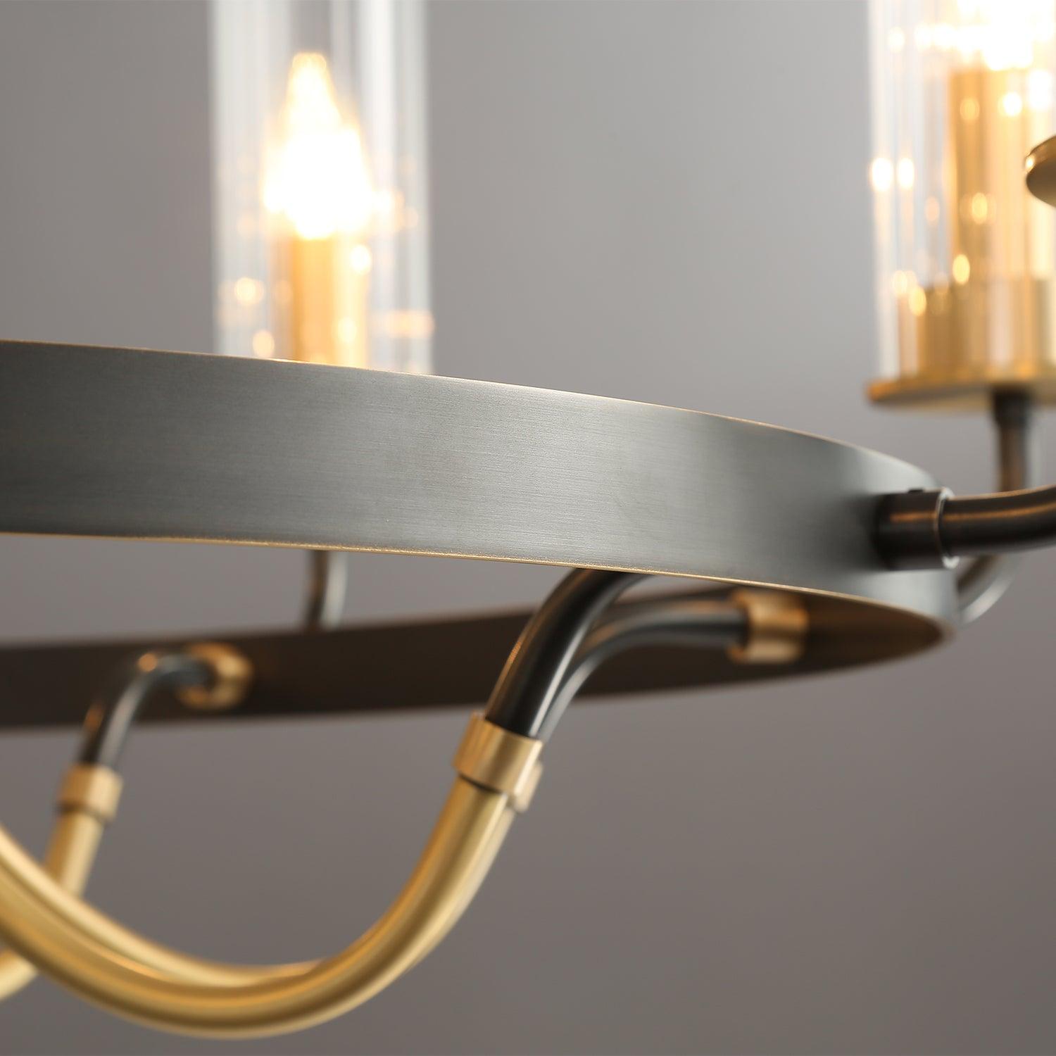 Kronleuchter Schwarz Rund Rahmen Messing Arme Rippig Glas-Letslighting