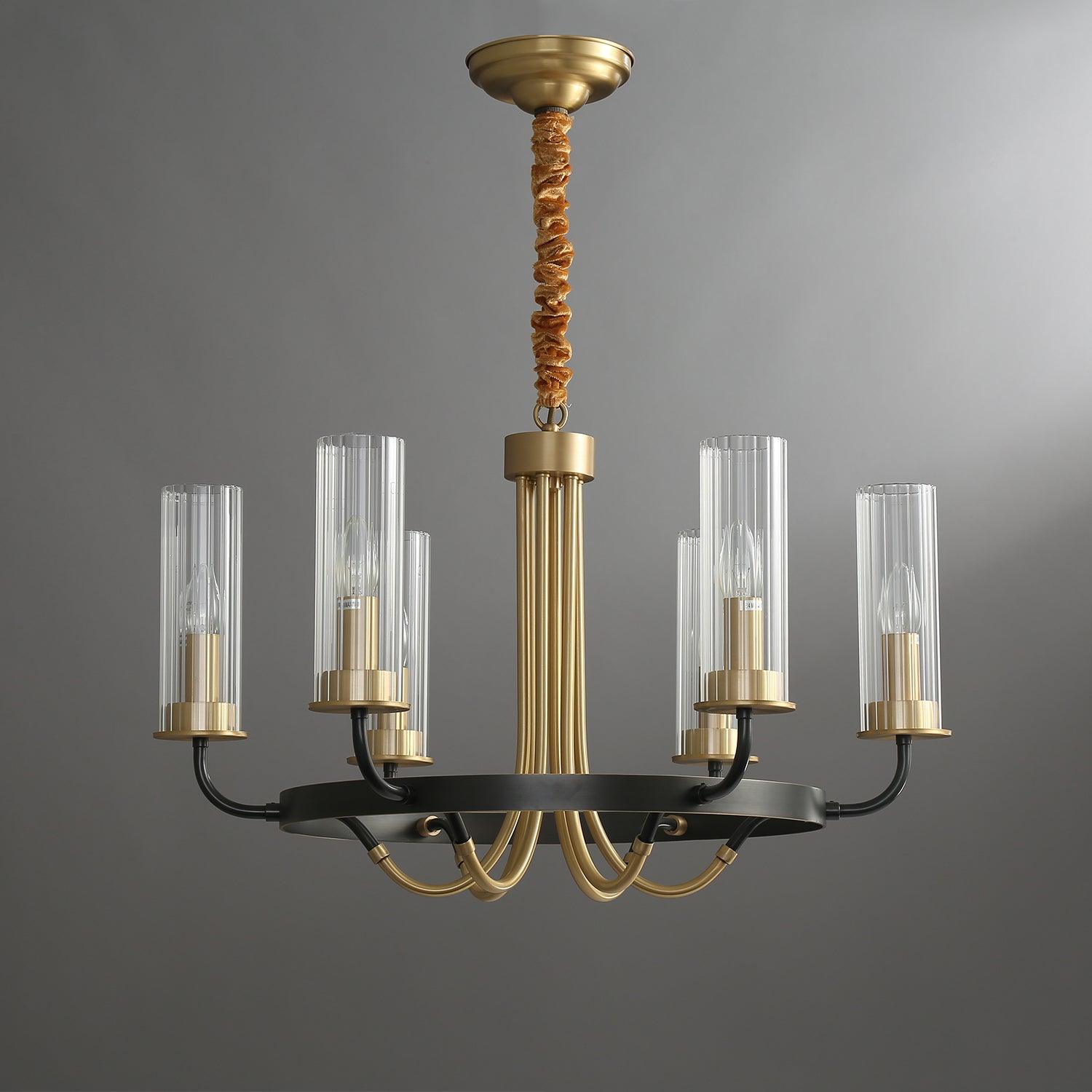 Kronleuchter Schwarz Rund Rahmen Messing Arme Rippig Glas-Letslighting