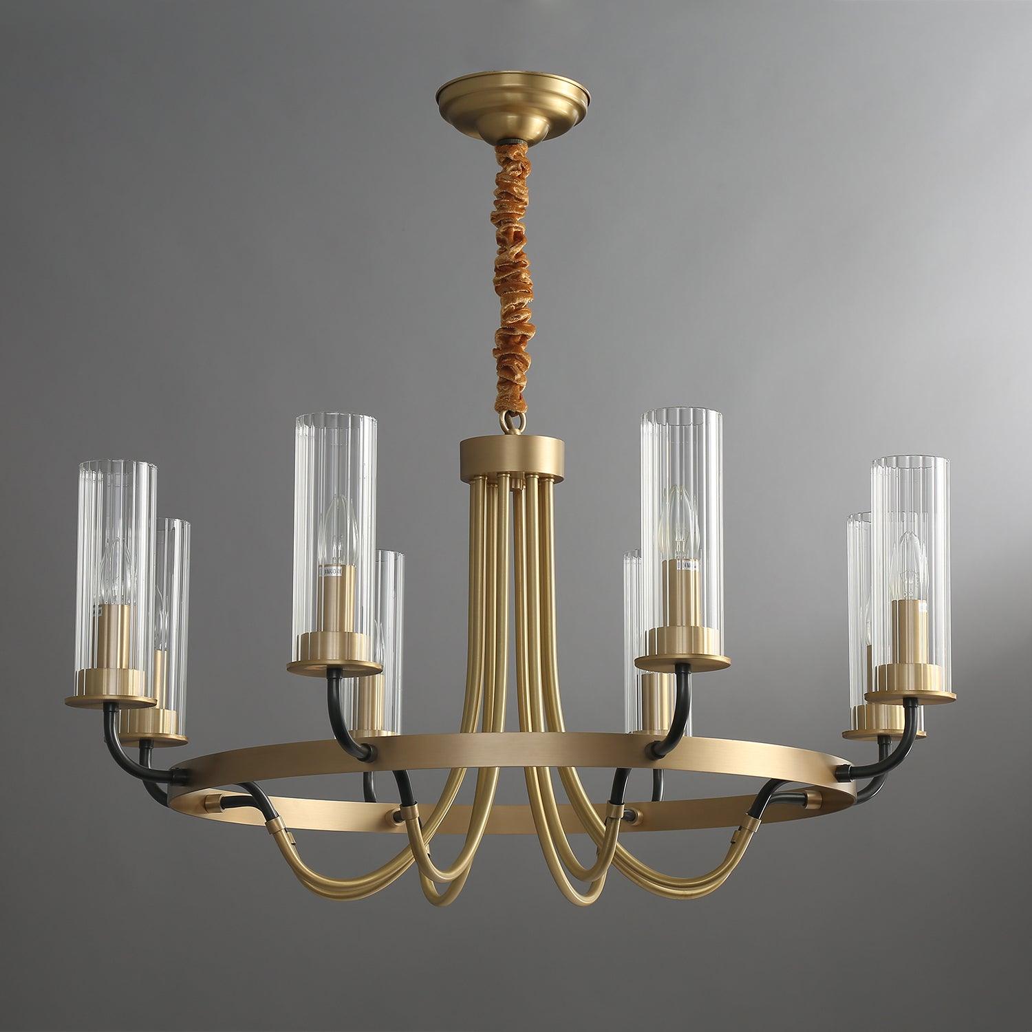 Kronleuchter Schwarz Rund Rahmen Messing Arme Rippig Glas-Letslighting