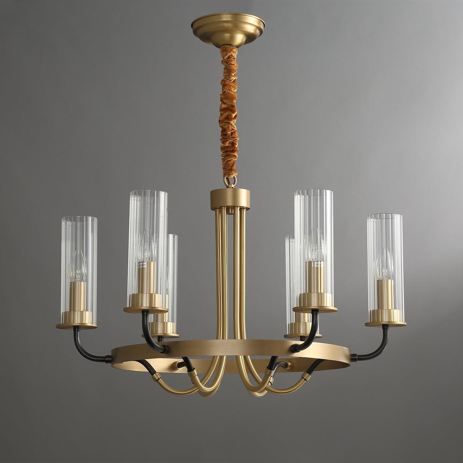 Kronleuchter Schwarz Rund Rahmen Messing Arme Rippig Glas-Letslighting