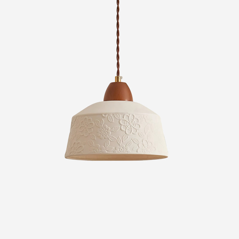 Pendelleuchte Strukturierte Keramik Trommel Holz Retro-Letslighting