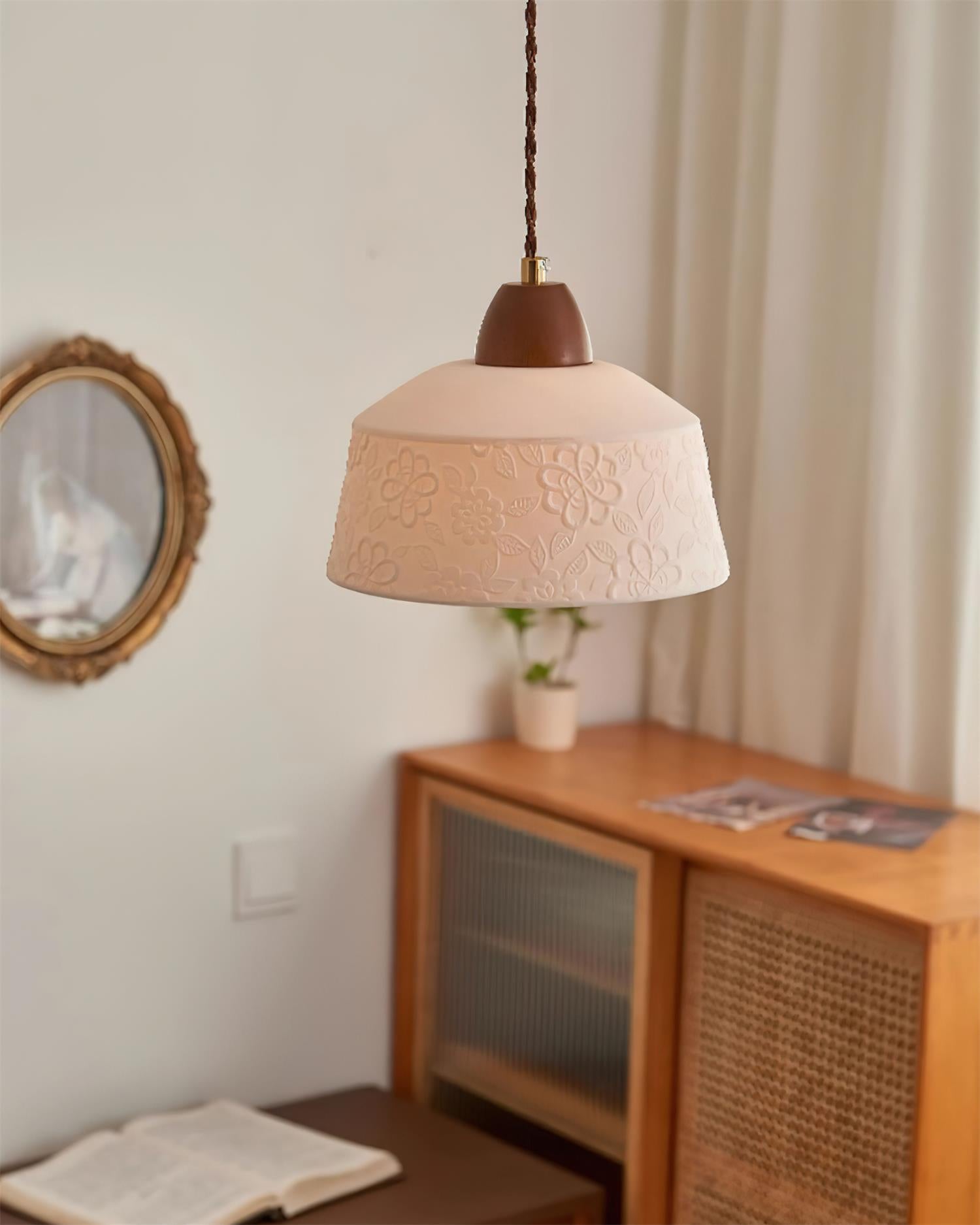 Pendelleuchte Strukturierte Keramik Trommel Holz Retro-Letslighting