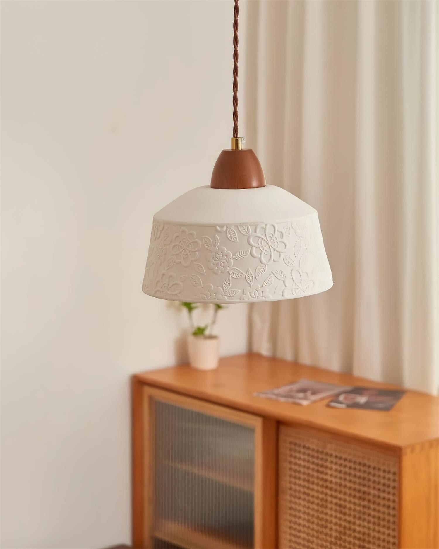 Pendelleuchte Strukturierte Keramik Trommel Holz Retro-Letslighting