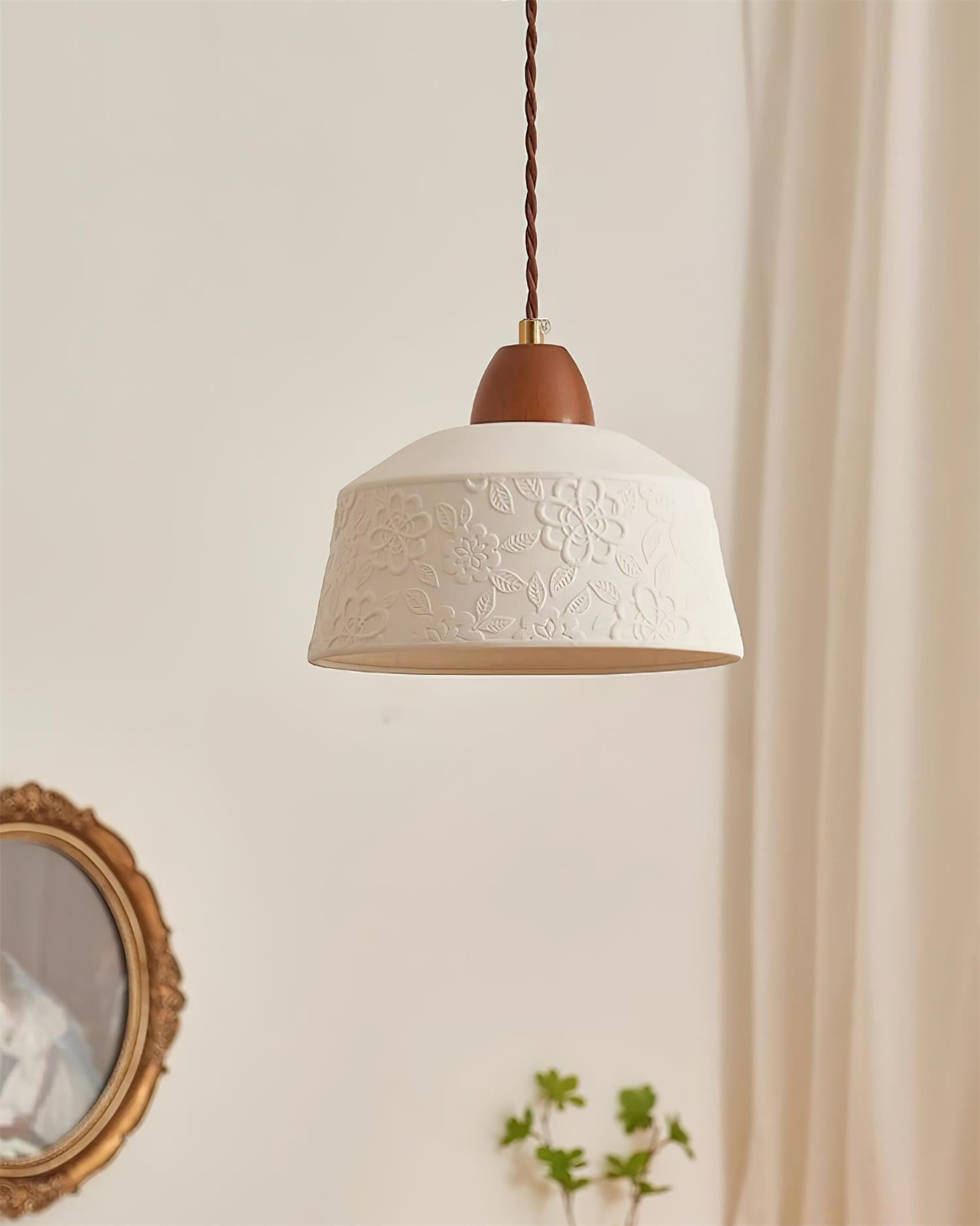 Pendelleuchte Strukturierte Keramik Trommel Holz Retro-Letslighting