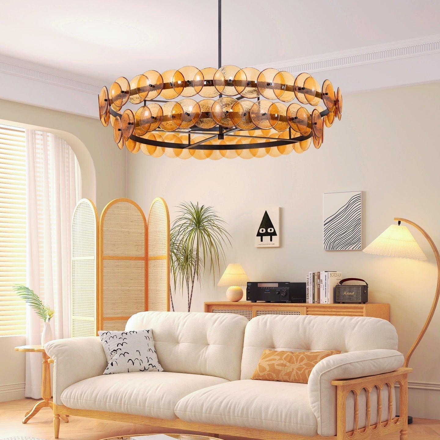 Aurora Chandelier Amber Pressed Glass Disc Round - Neutralighting