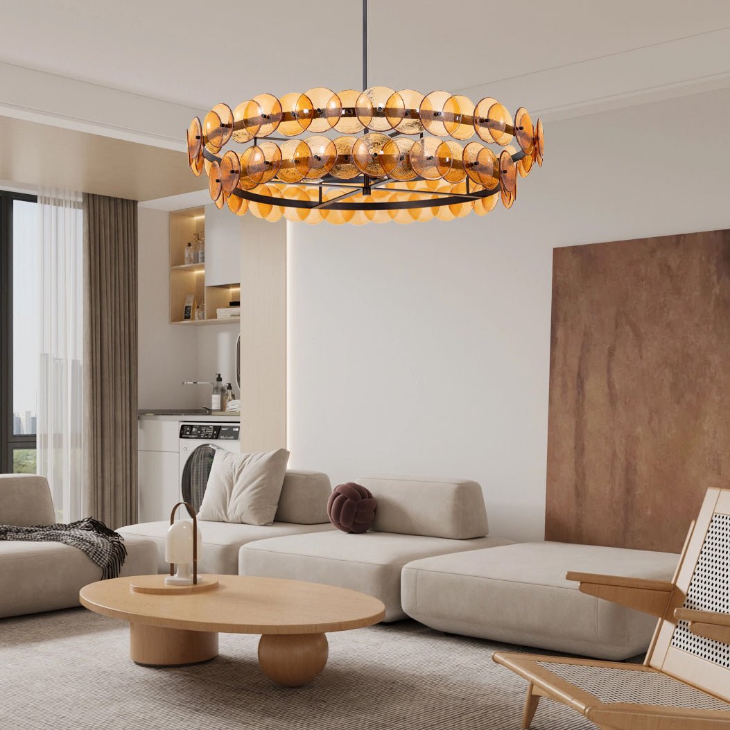Aurora Chandelier Amber Pressed Glass Disc Round - Neutralighting
