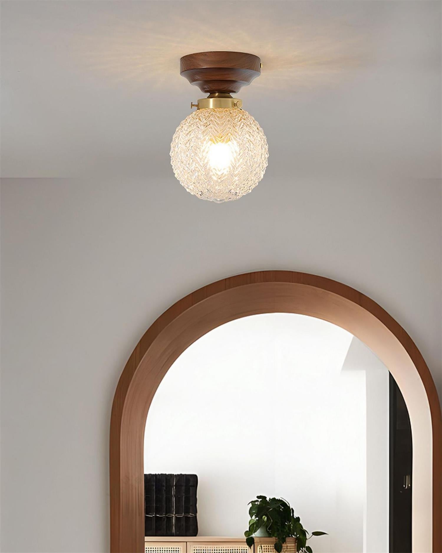 Deckenleuchte Globus Schirm Klar Glas Walnuss Holz Baldachin Messing-Letslighting
