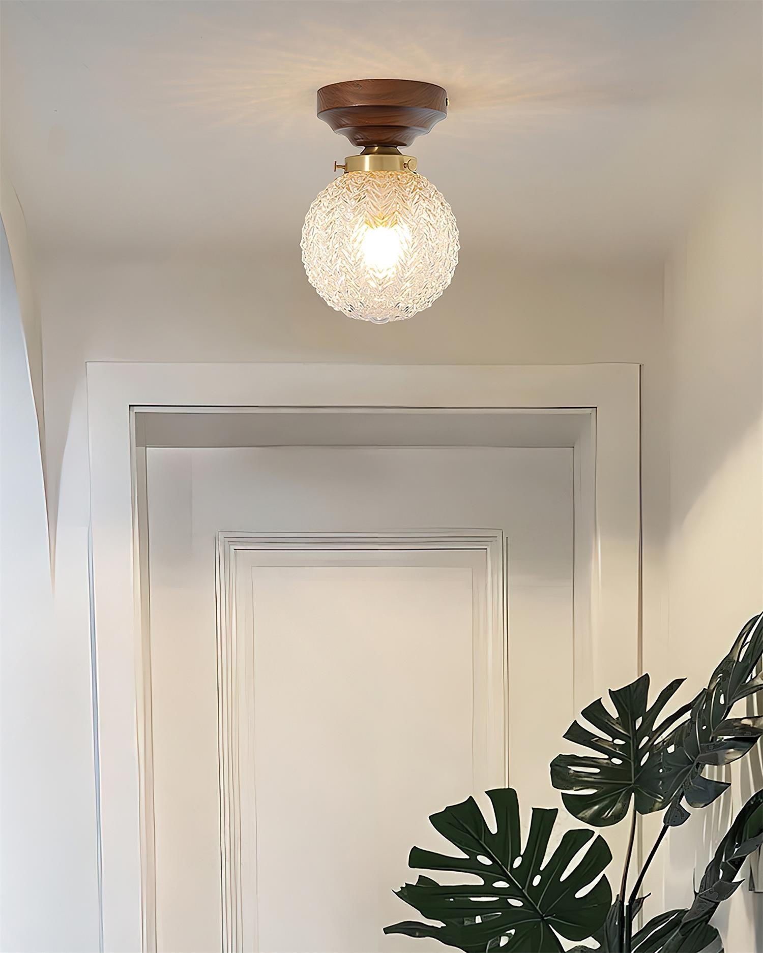 Deckenleuchte Globus Schirm Klar Glas Walnuss Holz Baldachin Messing-Letslighting