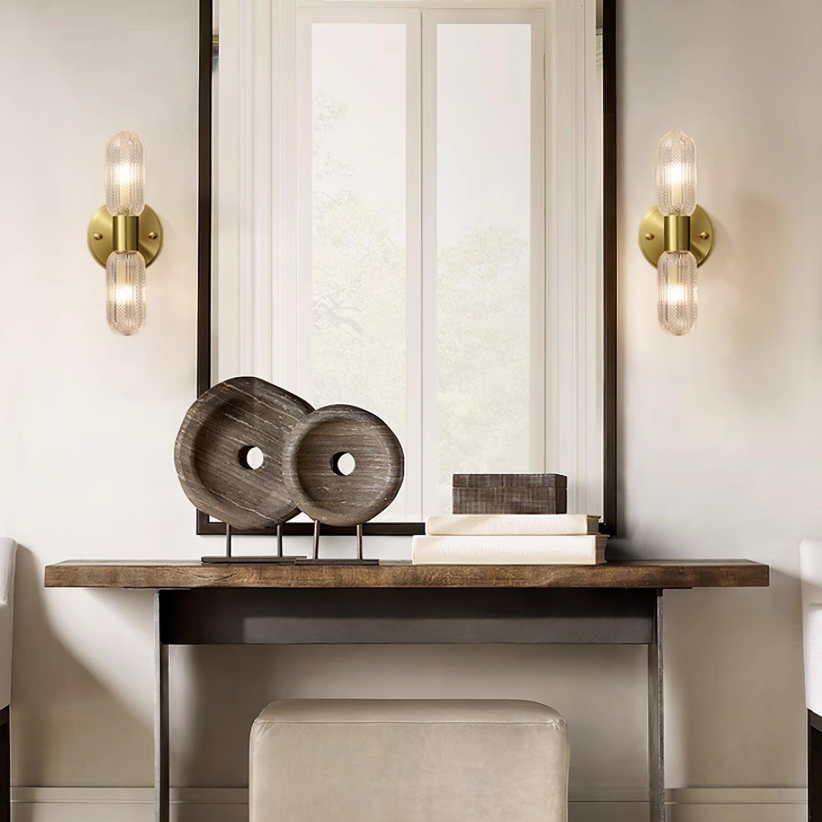 Evania Brass and Textured Glass Double Light Wall Sconce - Letslighting