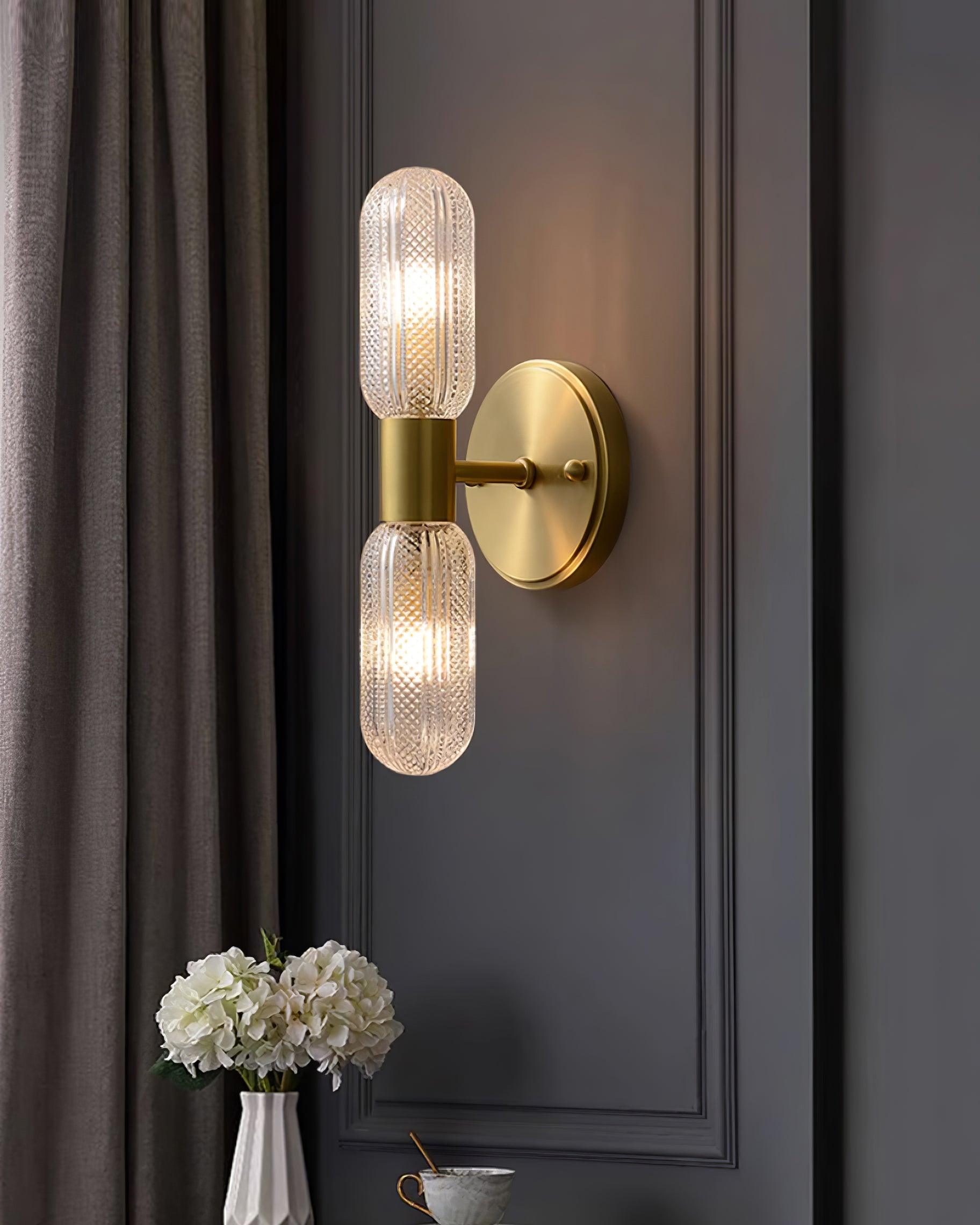 Evania Brass and Textured Glass Double Light Wall Sconce - Letslighting