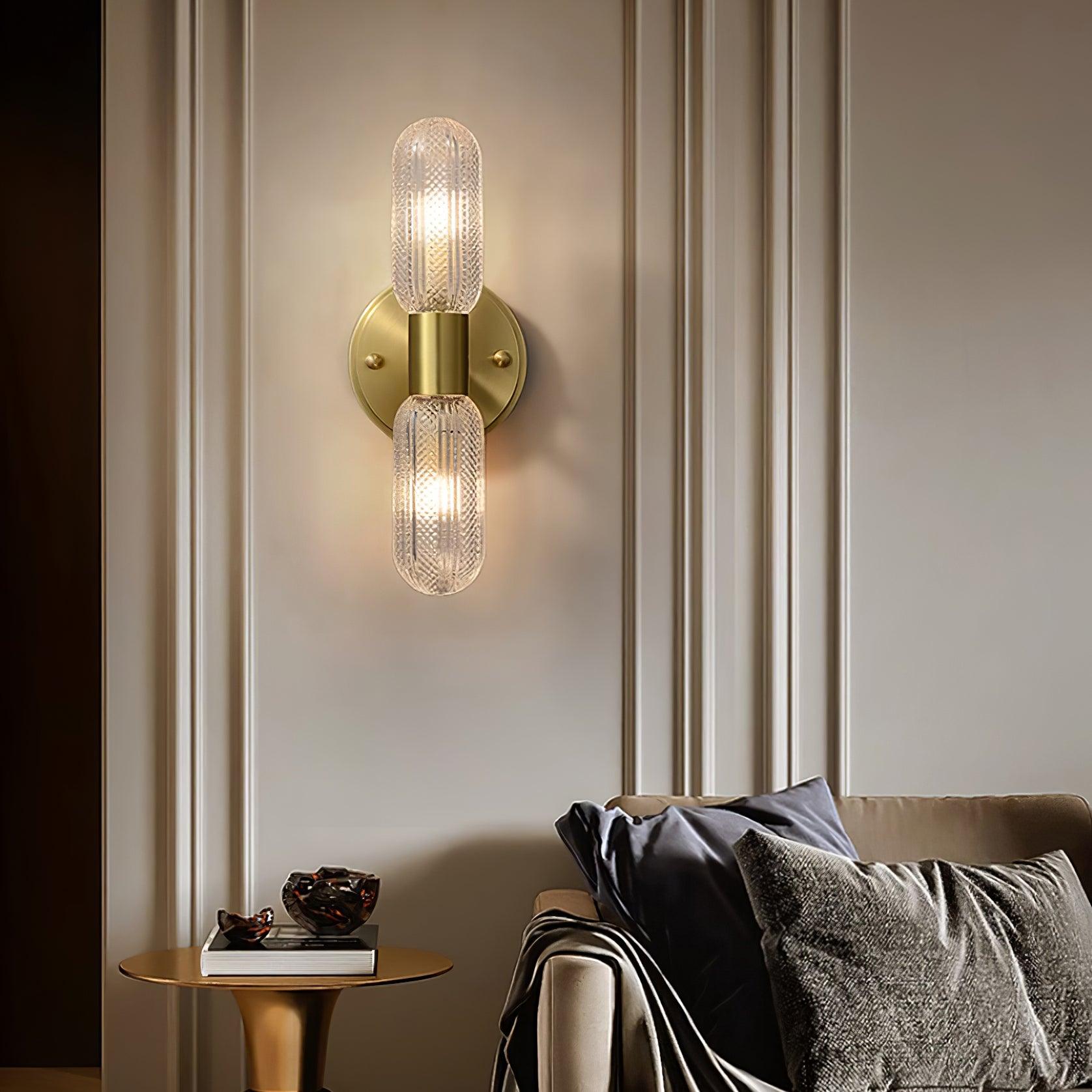 Evania Brass and Textured Glass Double Light Wall Sconce - Letslighting