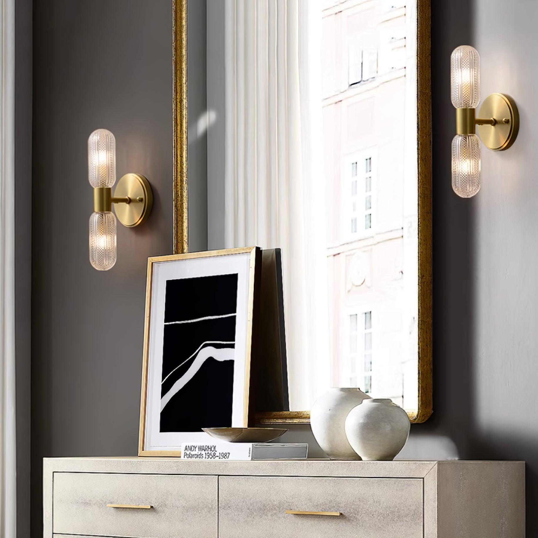 Evania Brass and Textured Glass Double Light Wall Sconce - Letslighting