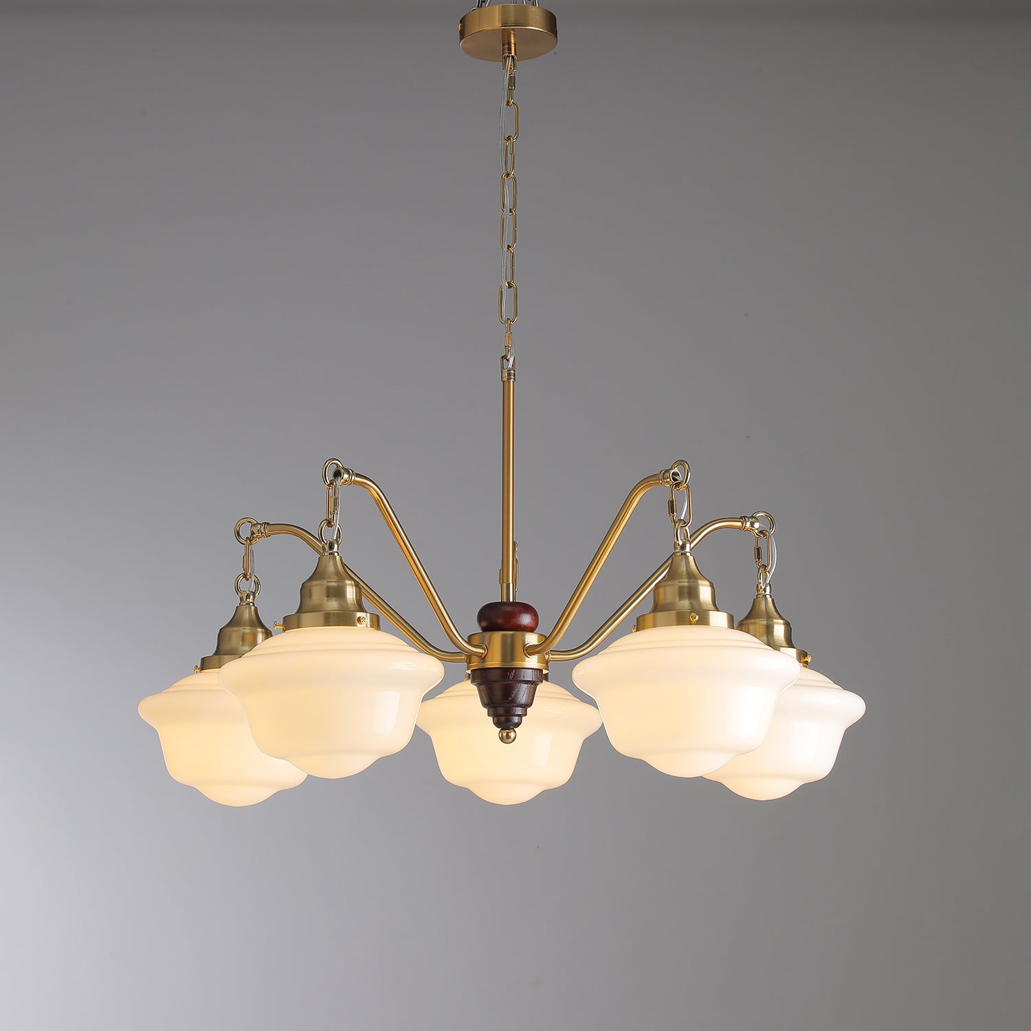 Lustra Kronleuchter Messing Holz Milchglas Klassisch-Letslighting