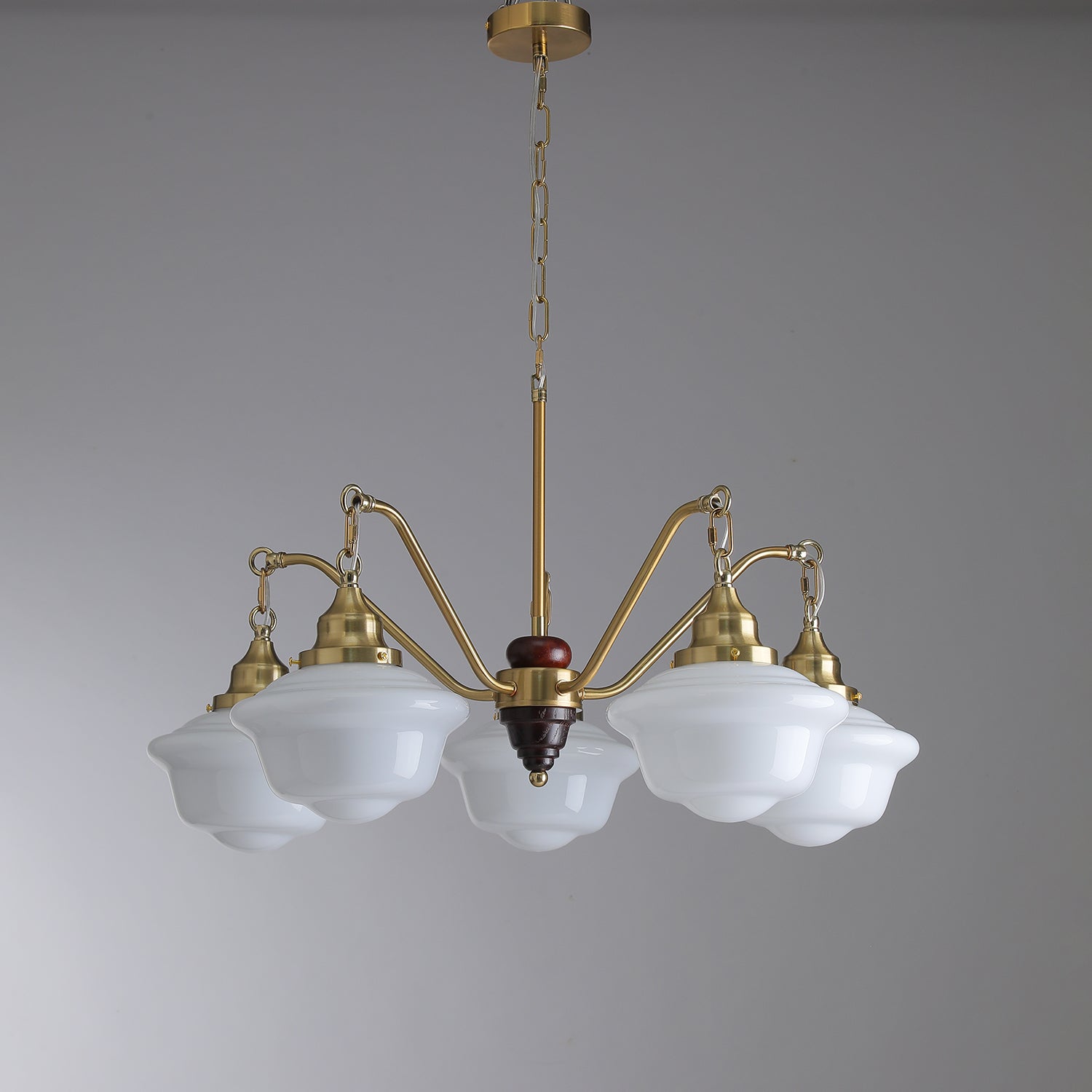Lustra Kronleuchter Messing Holz Milchglas Klassisch-Letslighting