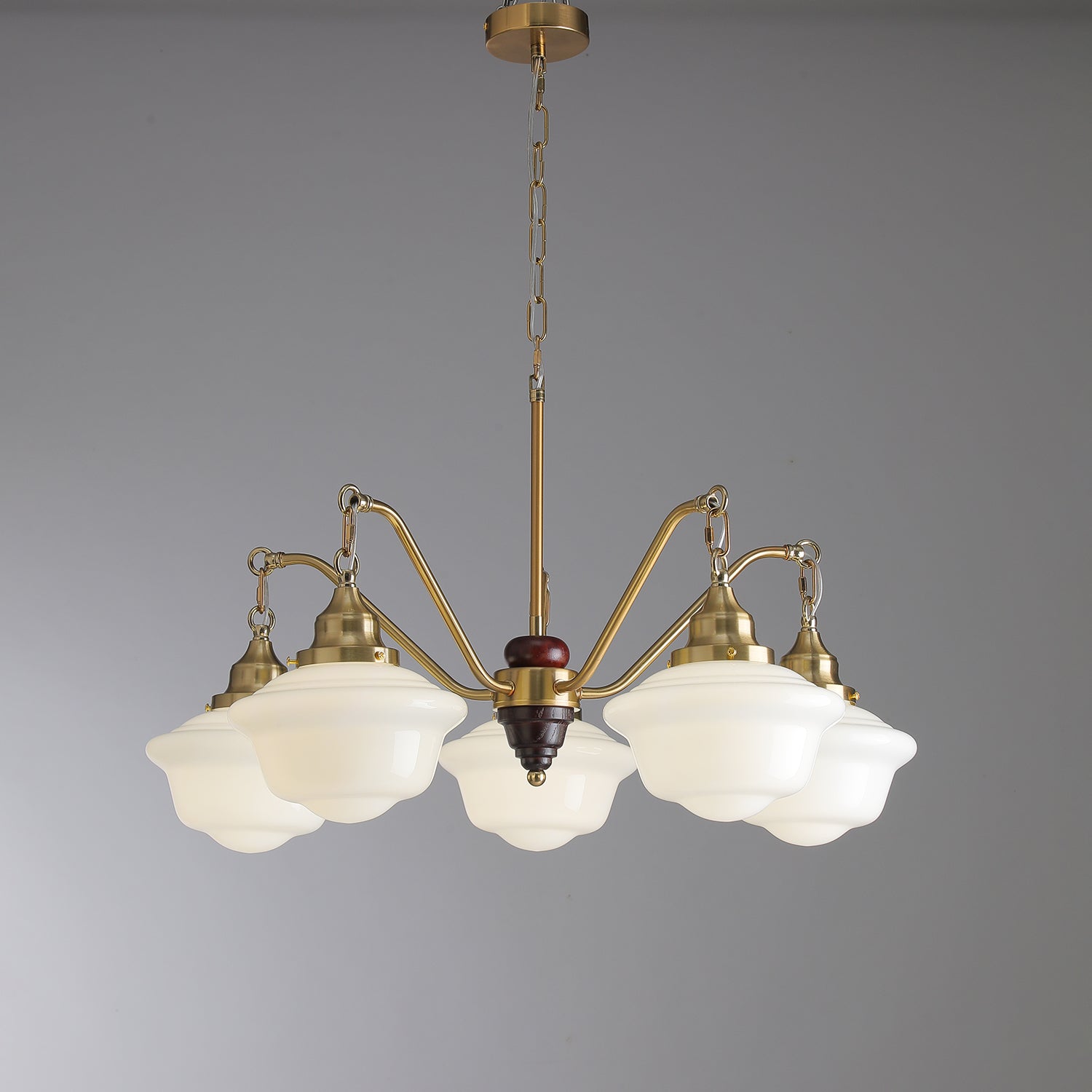 Lustra Kronleuchter Messing Holz Milchglas Klassisch-Letslighting
