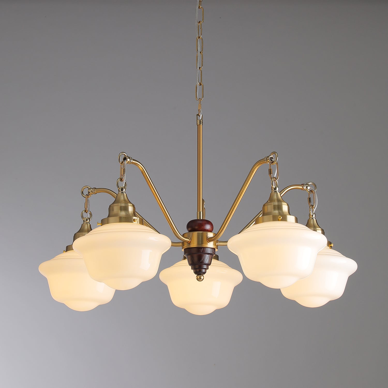 Lustra Kronleuchter Messing Holz Milchglas Klassisch-Letslighting