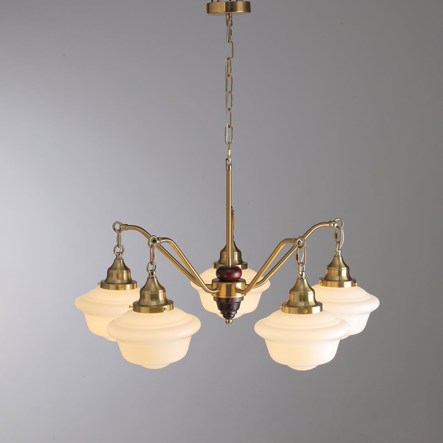 Lustra Kronleuchter Messing Holz Milchglas Klassisch-Letslighting